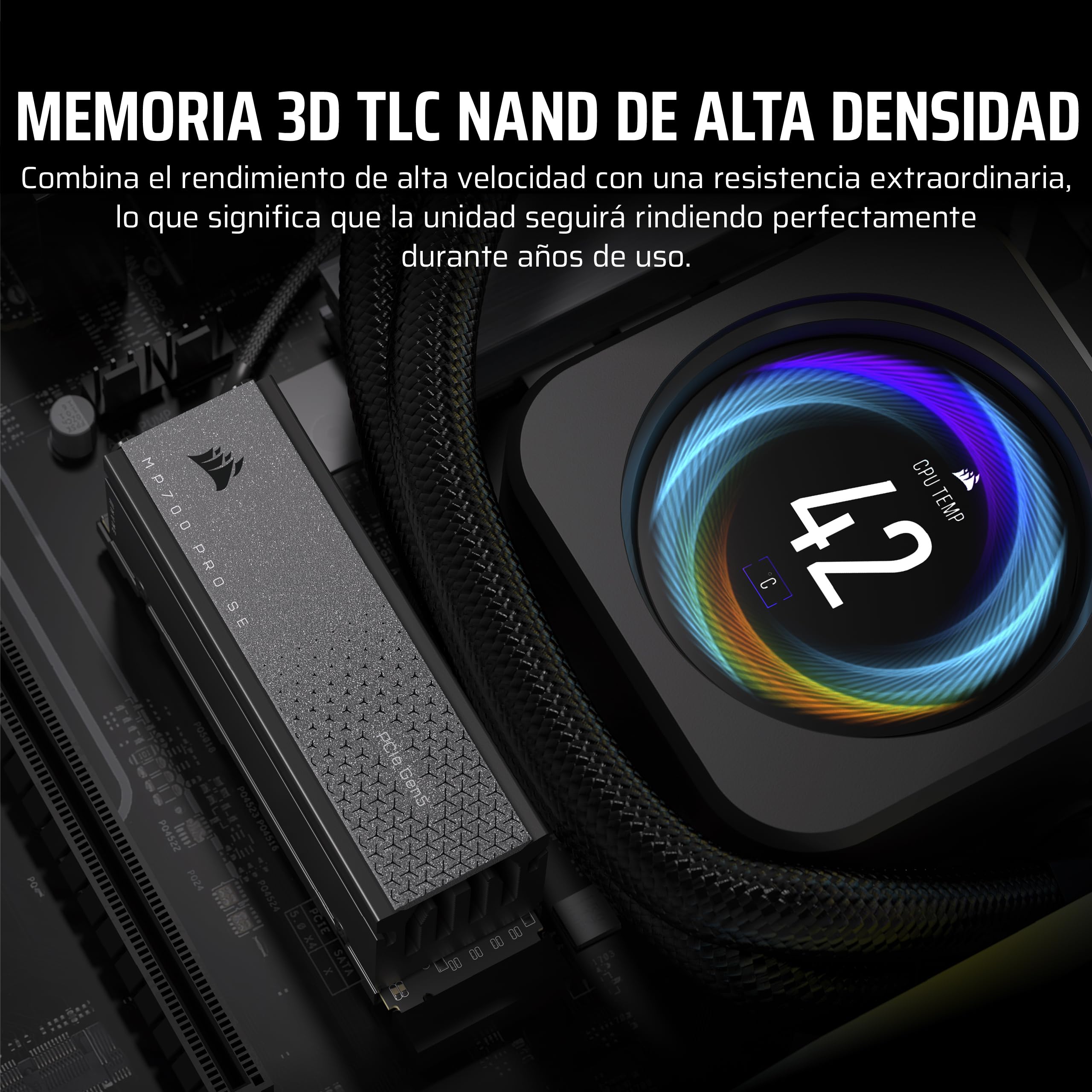 Corsair MP700 Pro SE con Refrigerador de Aire 4 TB PCIe 5.0 x4 NVMe 2.0 M.2 SSD – M.2 2280 – hasta 14.000 MB/s de Lectura Secuencial – 3D TLC NAND de Alta Densidad – Negro