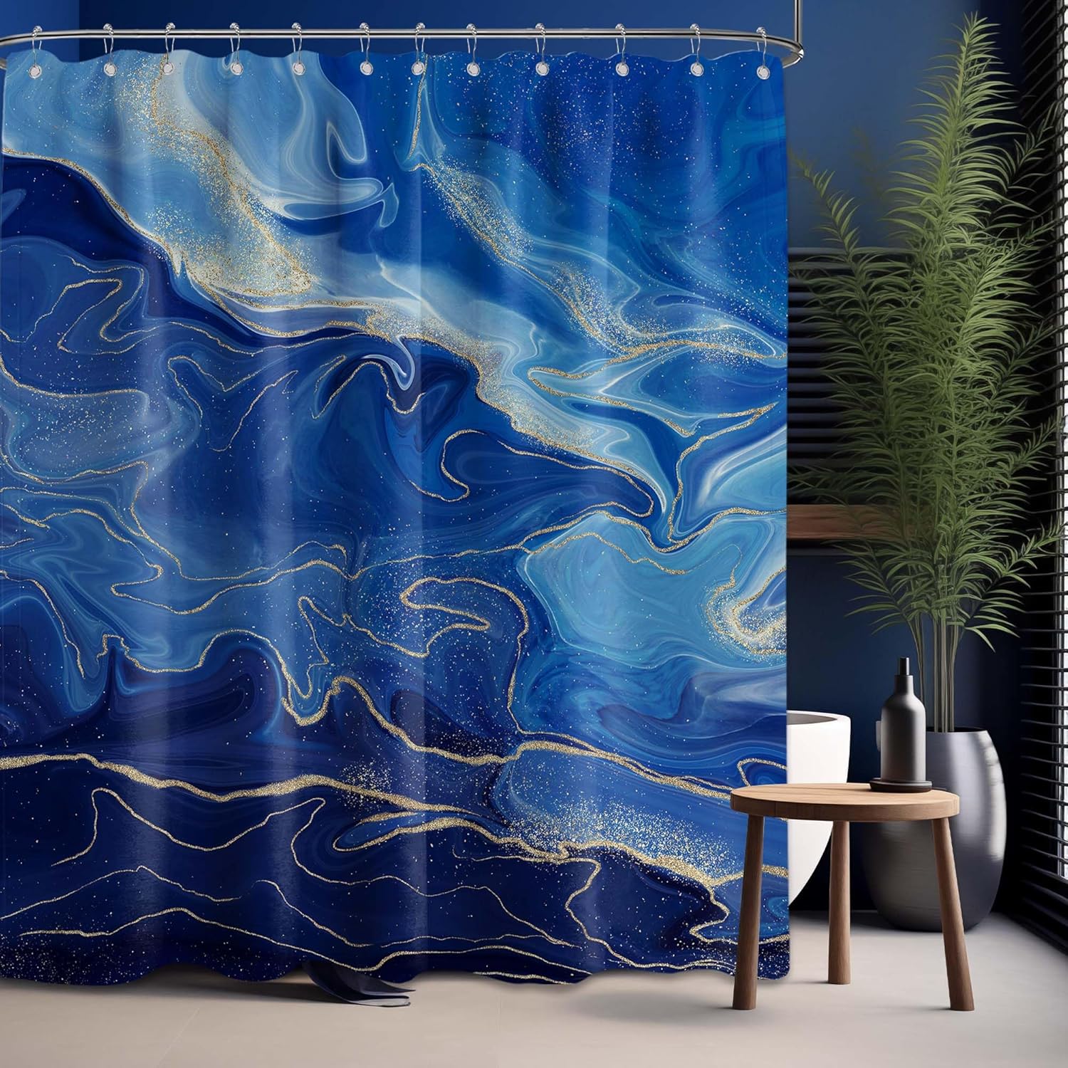 Blue Marble Shower Curtain Blue Royal Dark Navy Blue and Gold Abstract Shower Curtains for Bathroom Decor Sets, Waterproof Cloth Fabric with Hooks 70x72 Inch