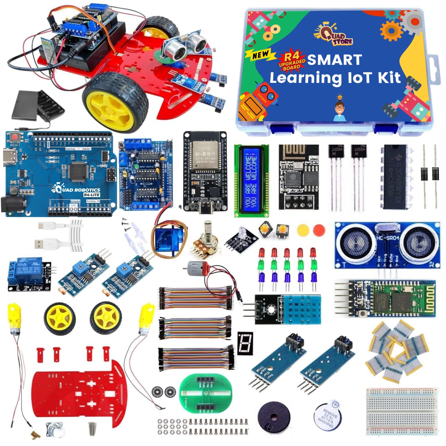 Quad Store Robotics IoT Kit for Uno R4 & ESP32 Compatible with Arduino IDE