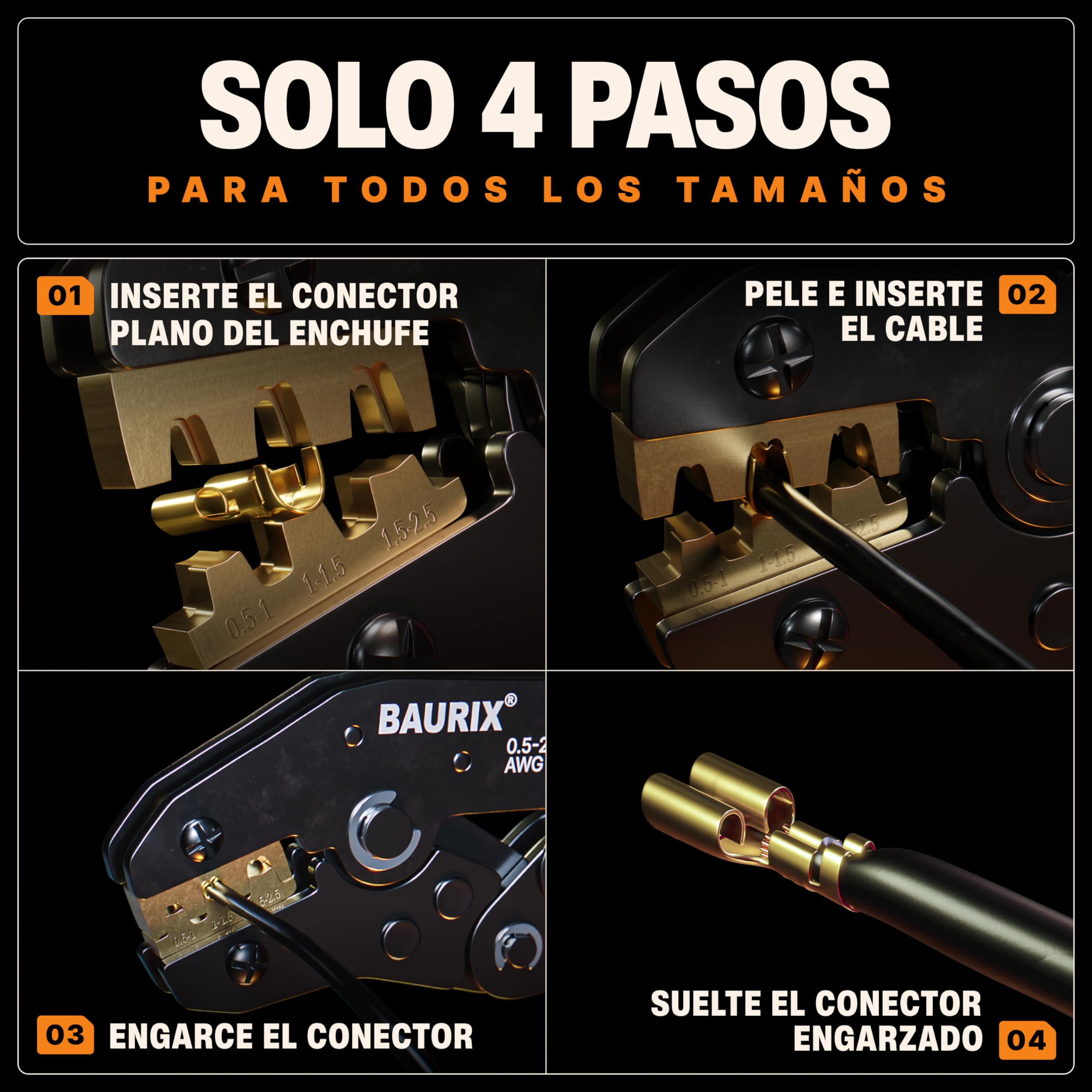 BAURIX® Crimpadora Terminales Aislados + 300 piezas y Pelacables | Modelo KAIRON + AKURA. Set de crimpado 0,5-2,5 mm² con pelacables automático para electricistas y DIY.