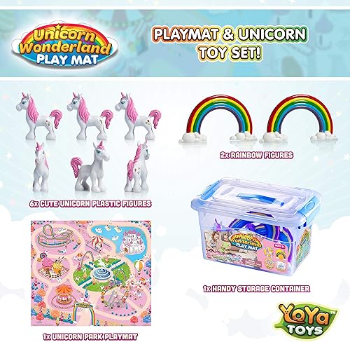 Miniatura 3 de YoYa Toys Alfombra de juego de unicornio – Juego de simulación para niños – 8 piezas de figuras de unicornios y arco iris – Juguete educativo