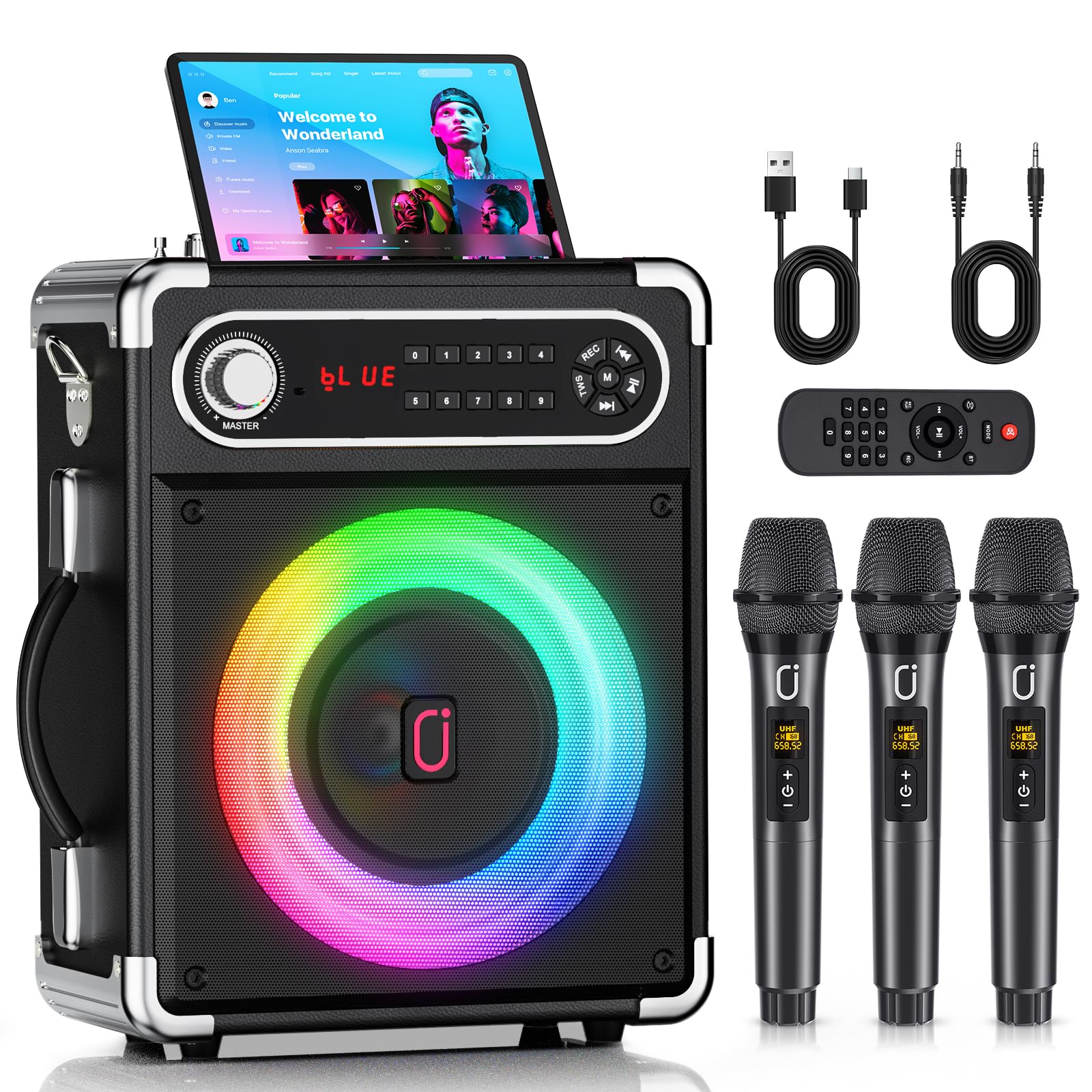 JYX Karaoke avec 3 Microphones sans Fil, 400W Puissance Enceinte karaoké, Bluetooth 5.3, Autonomie 24h Speaker pour Les Réunions de Famille/Le Camping en Plein air/la fête sur la Plage