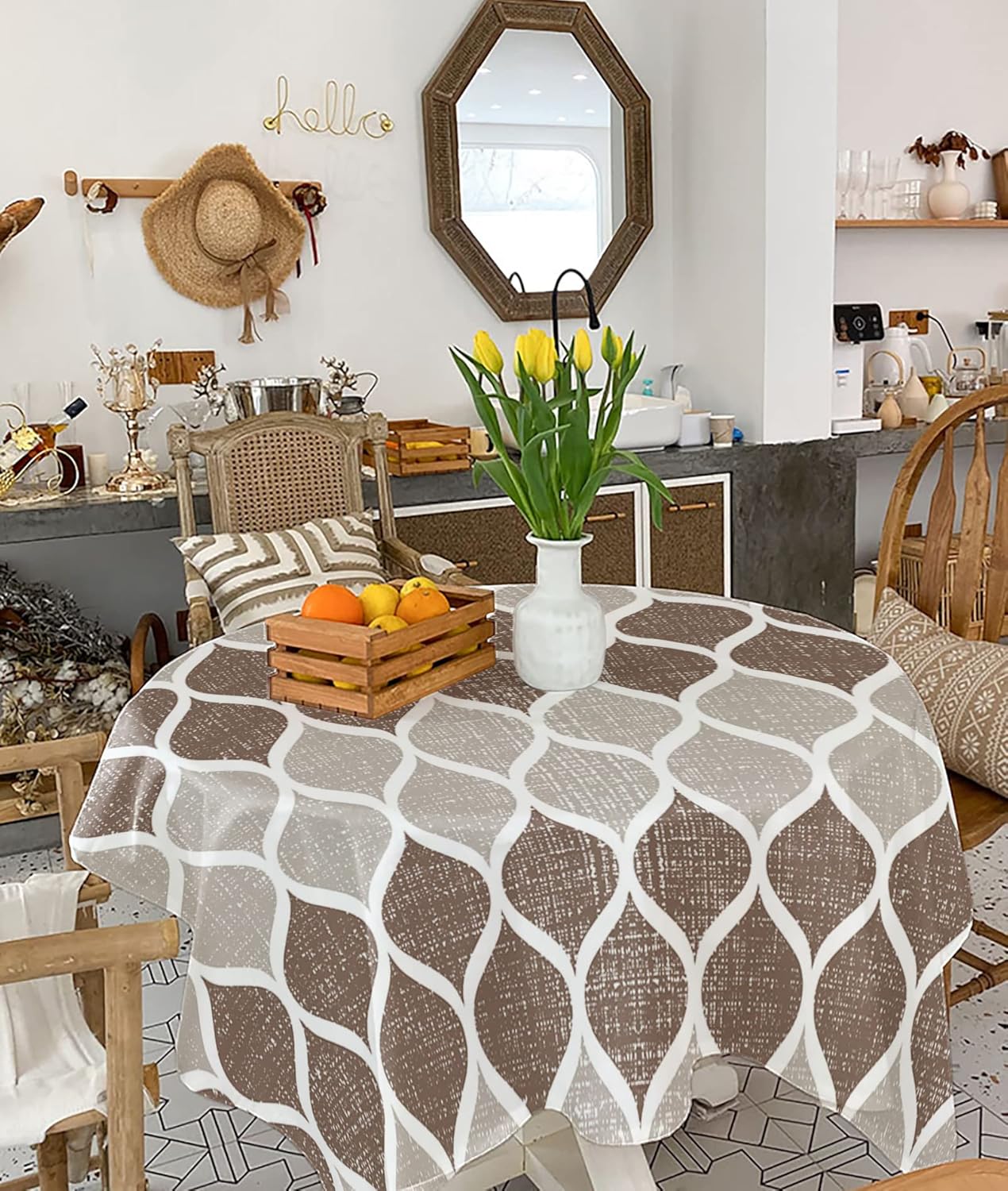 Waterproof Tablecloths Rectangle Dining Table Cloth Mid Century Brown Drop Shape Geometric Oil Proof Spill-Proof Table Cover Vintage Wavy Stripe,Washable Tablecloth for Indoor Outdoor Buffet 60x102in