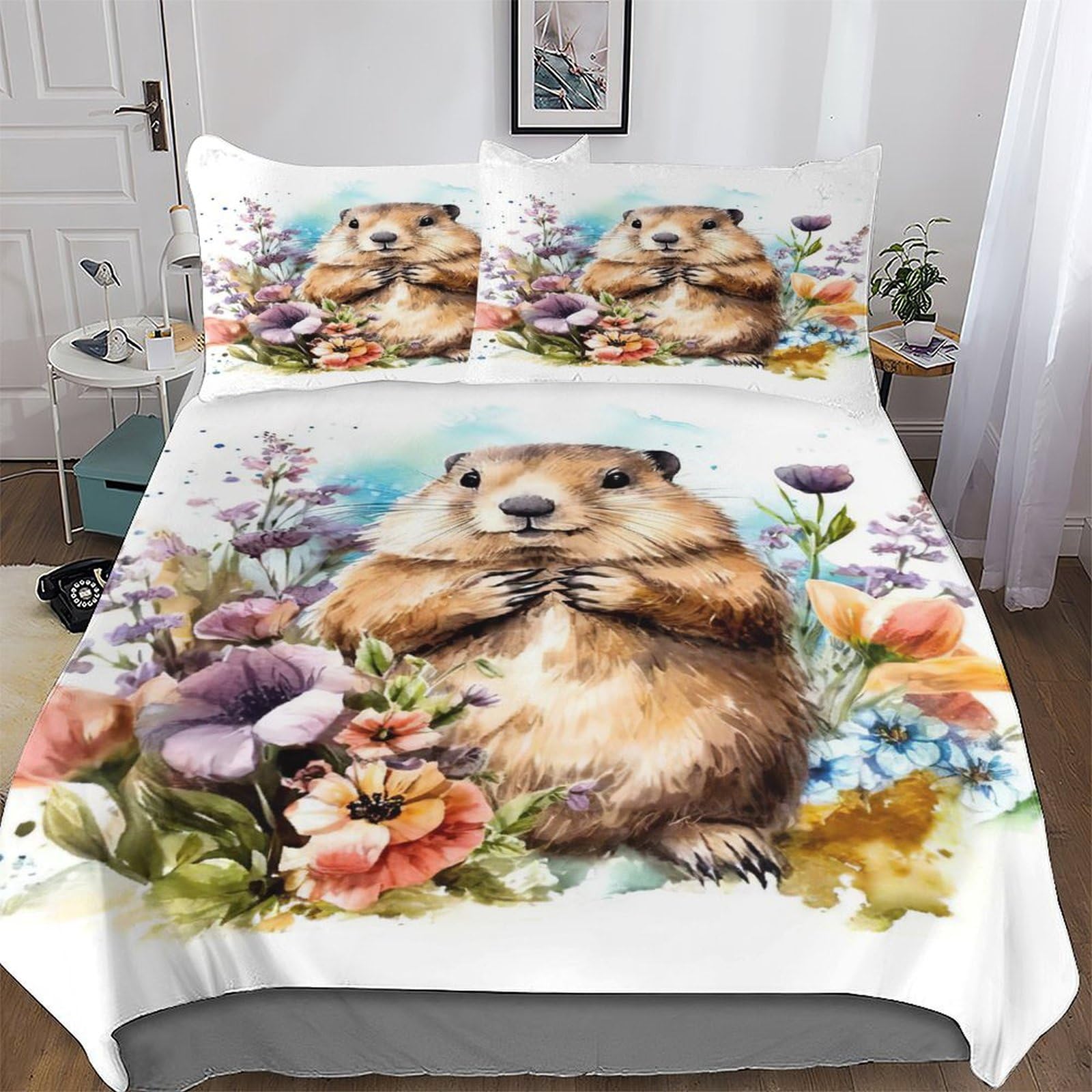 Parures de lit avec taies d'oreiller housse de couette polyester king size motif castor