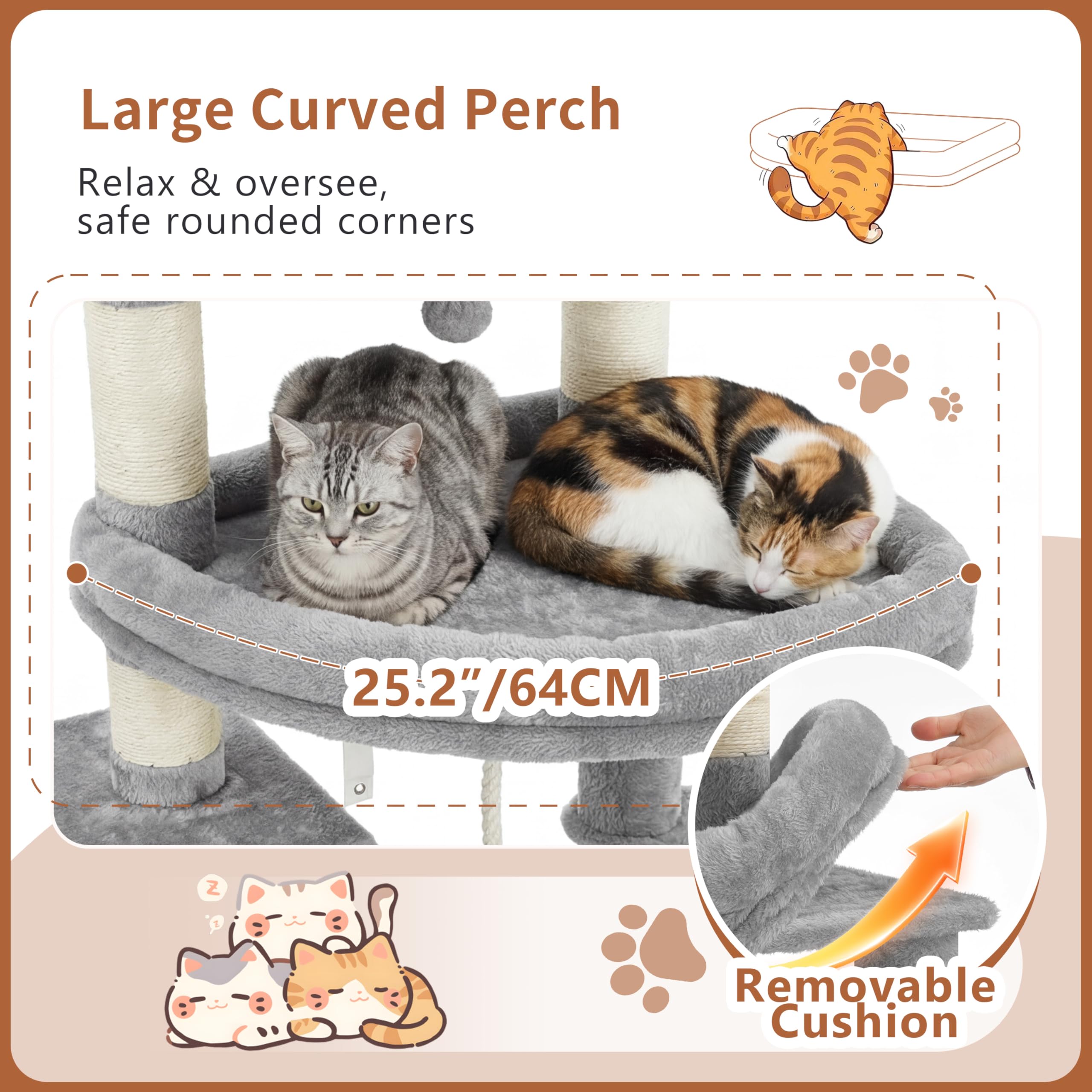 Heybly Rascador para Gatos XXL, 188 cm Árbol Rascador para Gatos Grandes, Torre de Múltiples Pisos, 3 Cuevas Escalonadas, Amplias Perchas Descanso, Postes y Tablas de Sisal, Gris Claro HCT061W