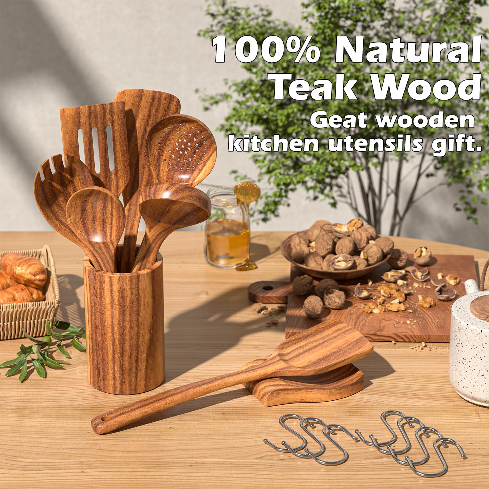 Küchenhelfer-Set aus natürlichem Teakholz, mit Halter, Holzlöffel zum Kochen, 10-teiliges Kochspatel-Set mit Löffelablage, Holzutensilien-Set für antihaftbeschichtetes Kochgeschirr, robust und leicht