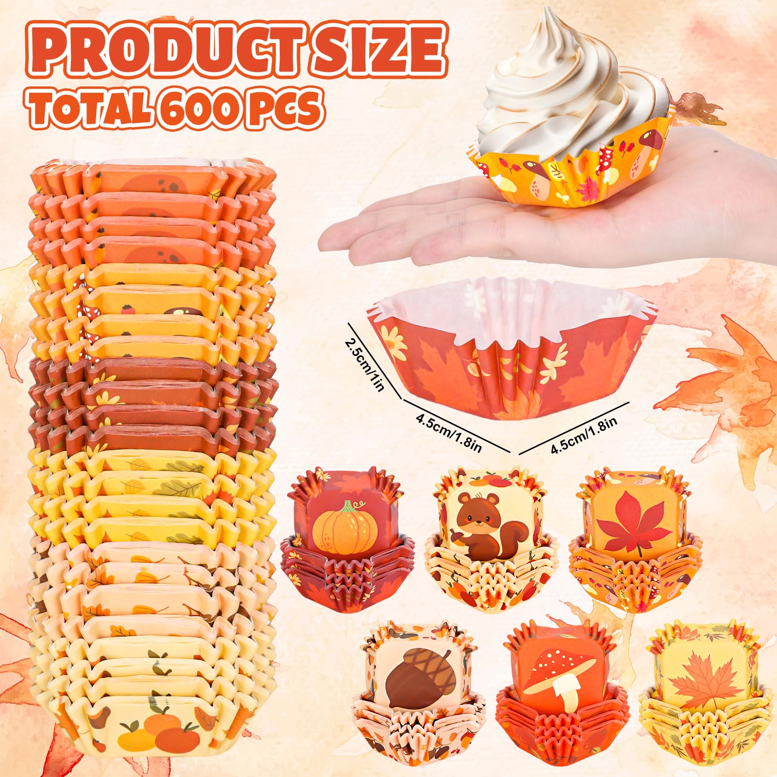 Whaline 600Pcs Fall Thanksgiving Autumn Mini Square Cupcake Liners Pumpkin Leaf Acorn Cupcake Wrappers Harvest Muffin Baking Cup for Holiday Wedding Birthday Party Decor