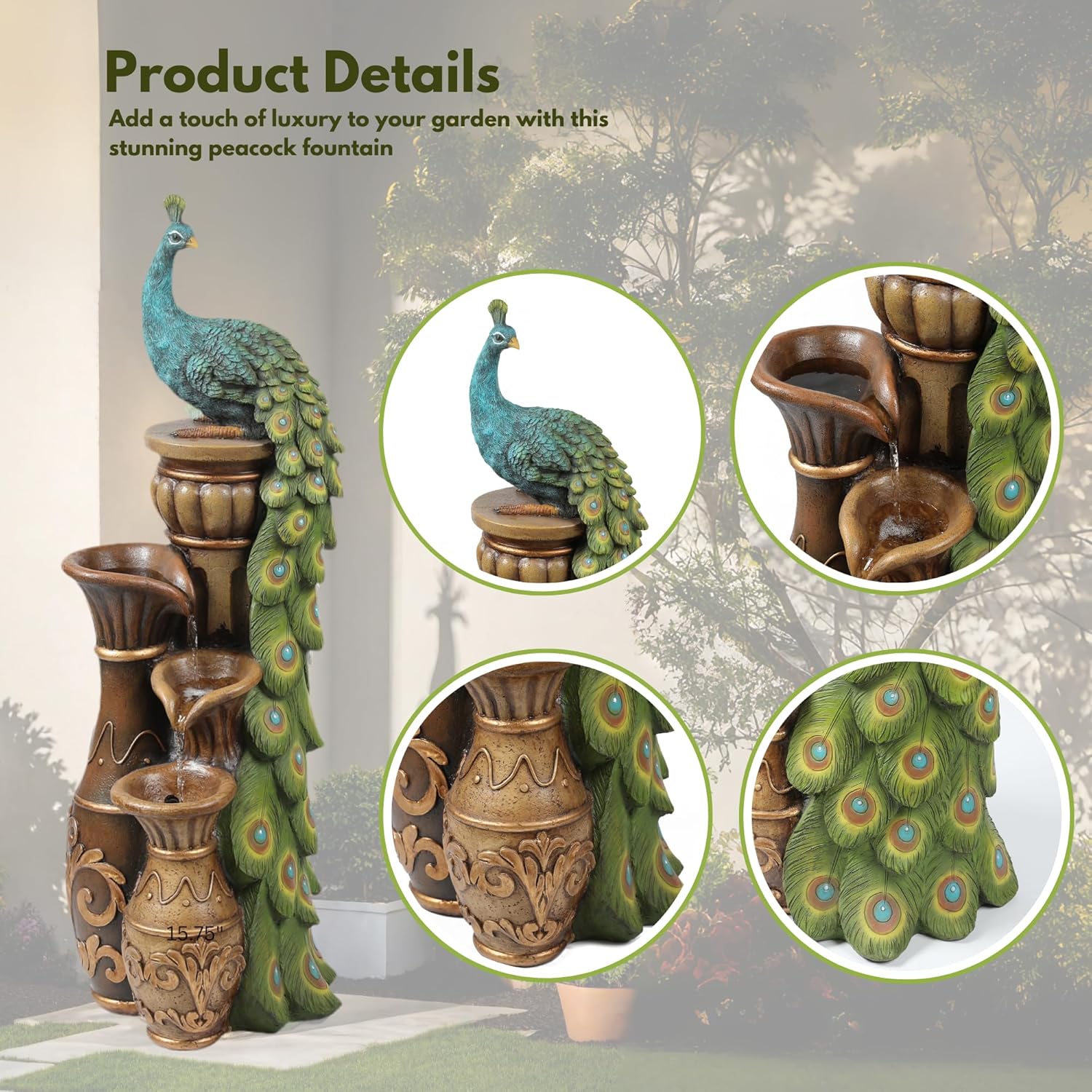 Peacock and Urns Resin Outdoor Fountain with LED Lights
