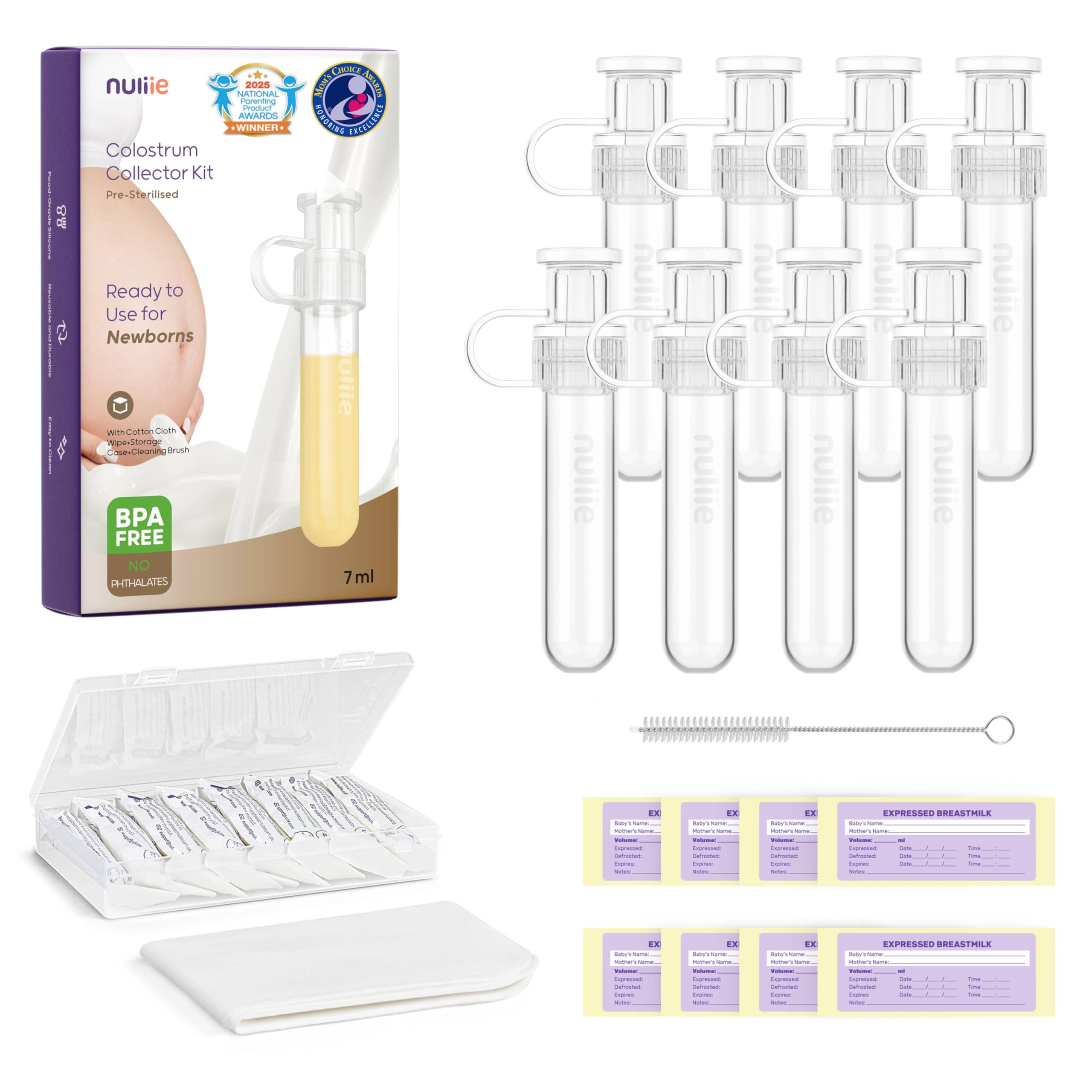 Nuliie Colostrum Collector Kit 7ml/8pcs, BPA-frei, wiederverwendbar, auslaufsicher Muttermilch Sammler mit Baumwolltuch Tuch, Aufbewahrungsbehälter, Reinigungsbürste - Ready-to-Use für Neugeborene