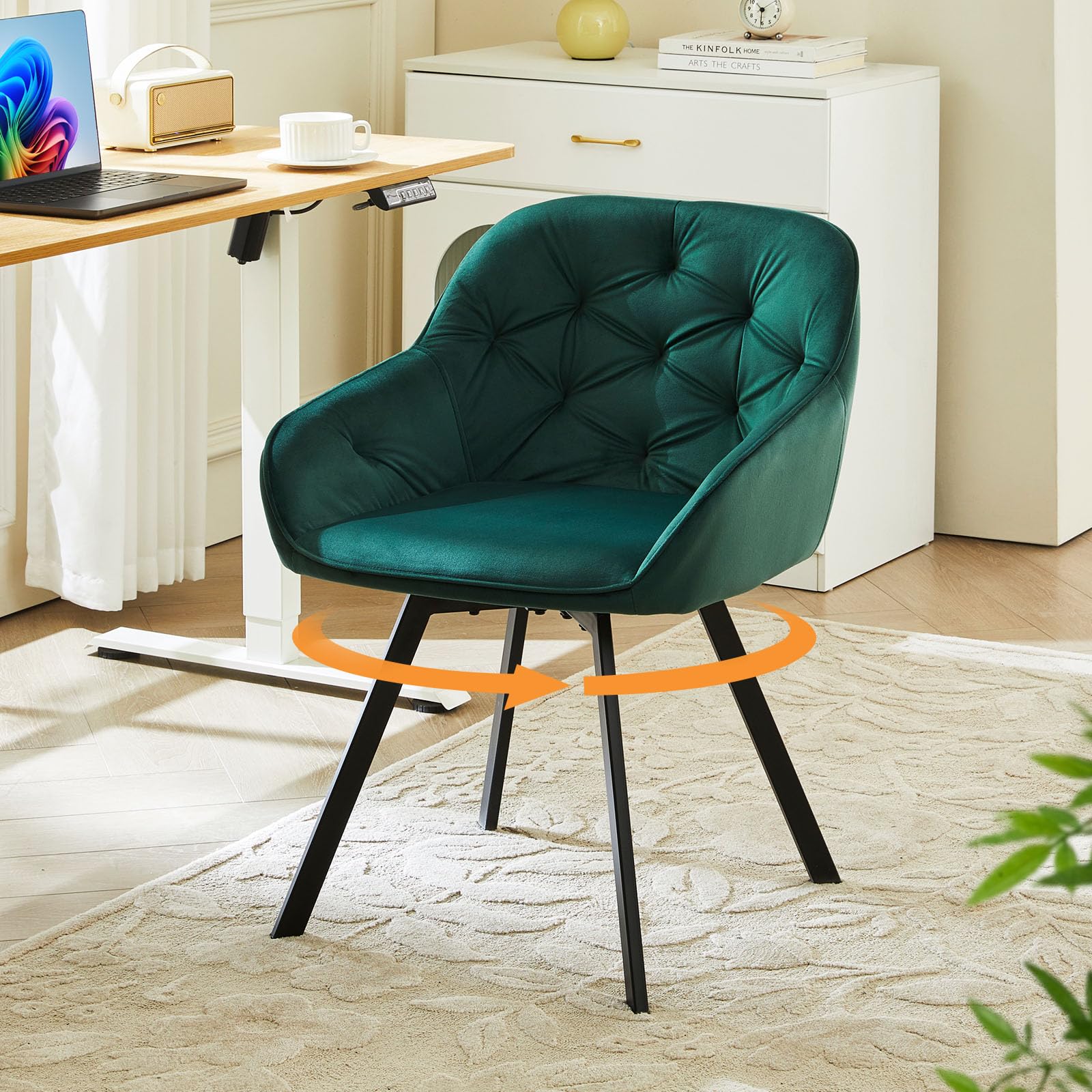LEMROE 360° Swivel Dining Chair, Velvet Upholstered Desk Chairs without Wheels Ergonomic Office Chair with Arms and Metal Legs for Home Study (green-dot pattern, 1PC)