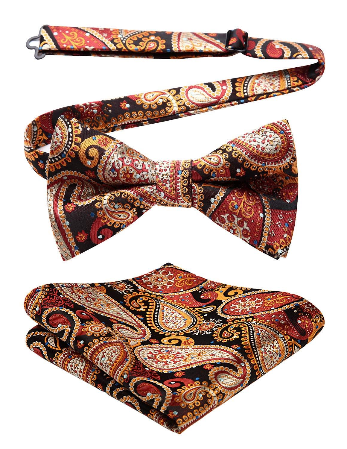 HISDERN Bow Ties for Men Paisley Floral Pre-tied Bowtie Pocket Square Set Men's Formal Bow Ties Wedding Party