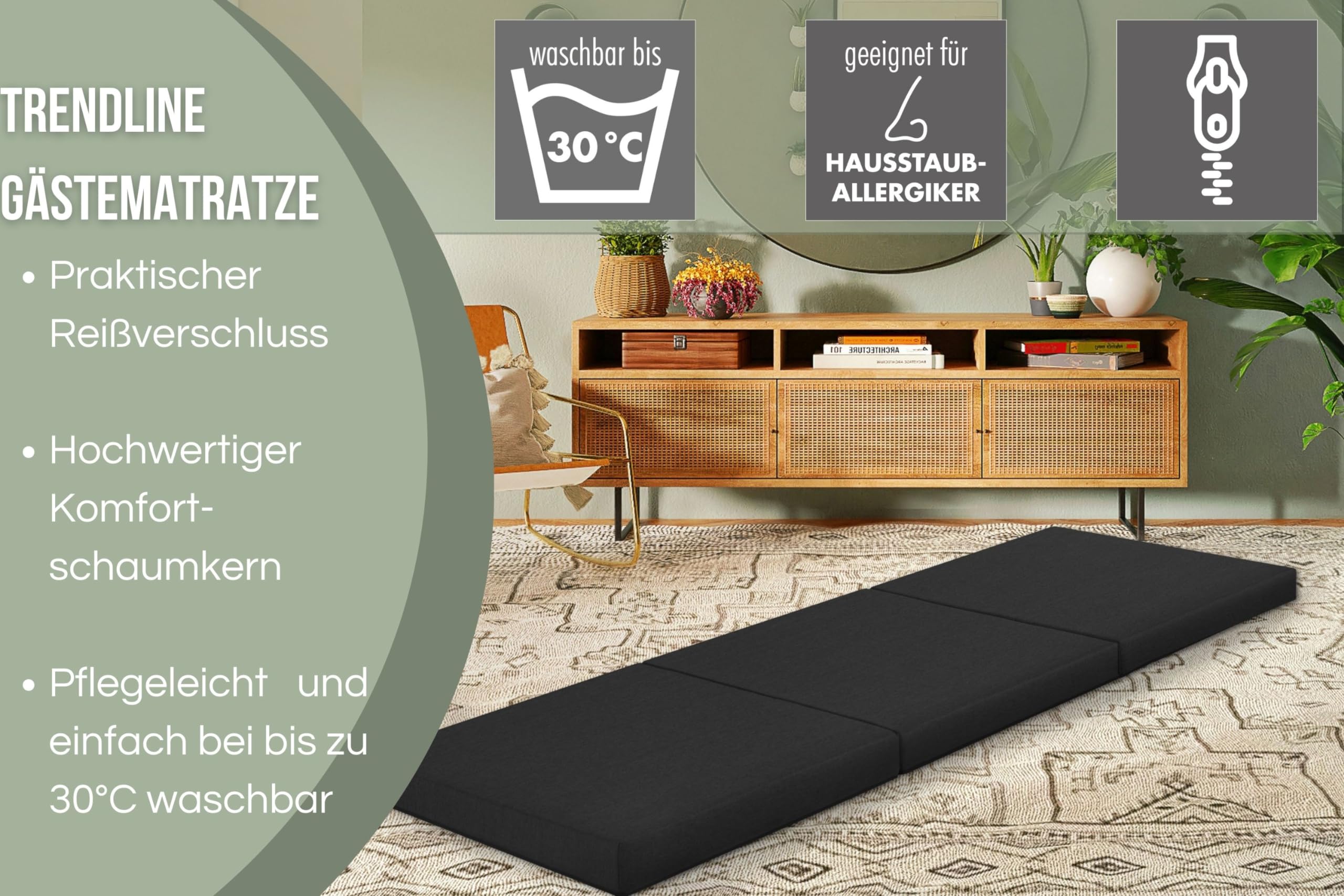 Badenia Trendline Faltbare Gästematratze 196 x 65 x 8,5 cm – Klappmatratze mit strapazierfähigem Mikrofaser-Bezug, ÖKO-TEX Zertifiziert, Schwarz, Deutscher Qualitätsstandard