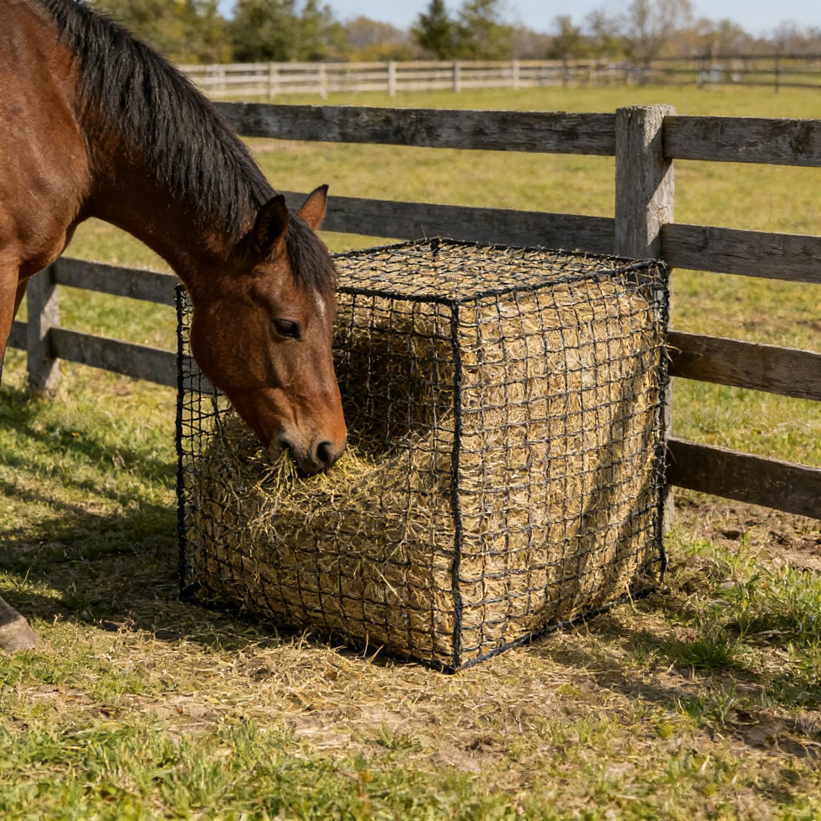 Red de heno de alimentación lenta para caballos y ganado, 3 opciones de tamaño con agujeros de 1.75 pulgadas, se adapta a cuadrados redondos estándar para reducir los residuos y promover la digestión