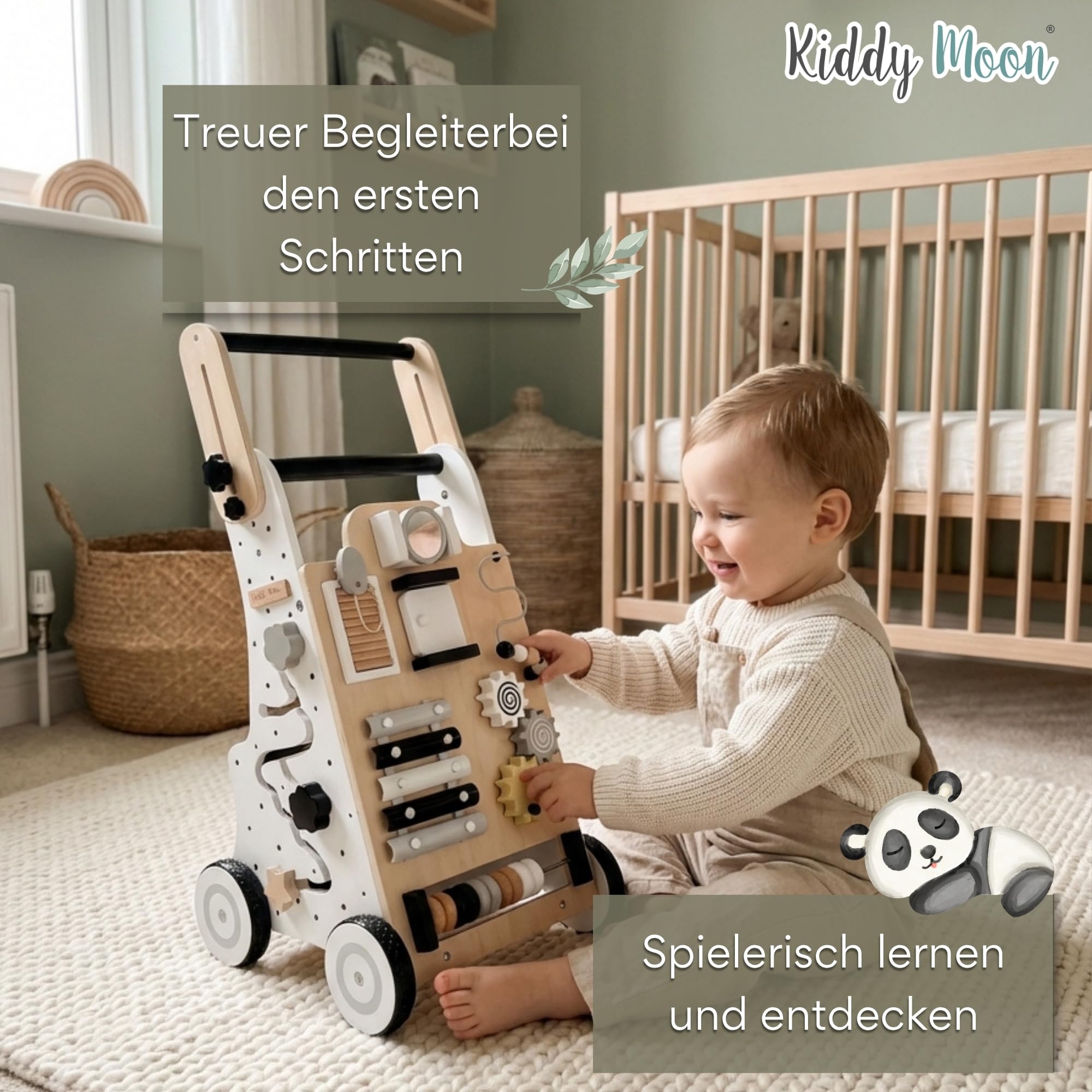 KiddyMoon Lauflernwagen Aus Holz Für Kinder Lauflernhilfe Spaß Babys, Laufen Lernen, Multifunktion Holzspielzeug Für Kleinekinder Montessori-Spielzeug WK-001, Schwarz - Weiß