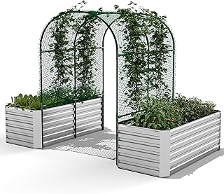 Raised Garden Bed with Arch Trellis for Climbing Plants,Galvanized Raise...