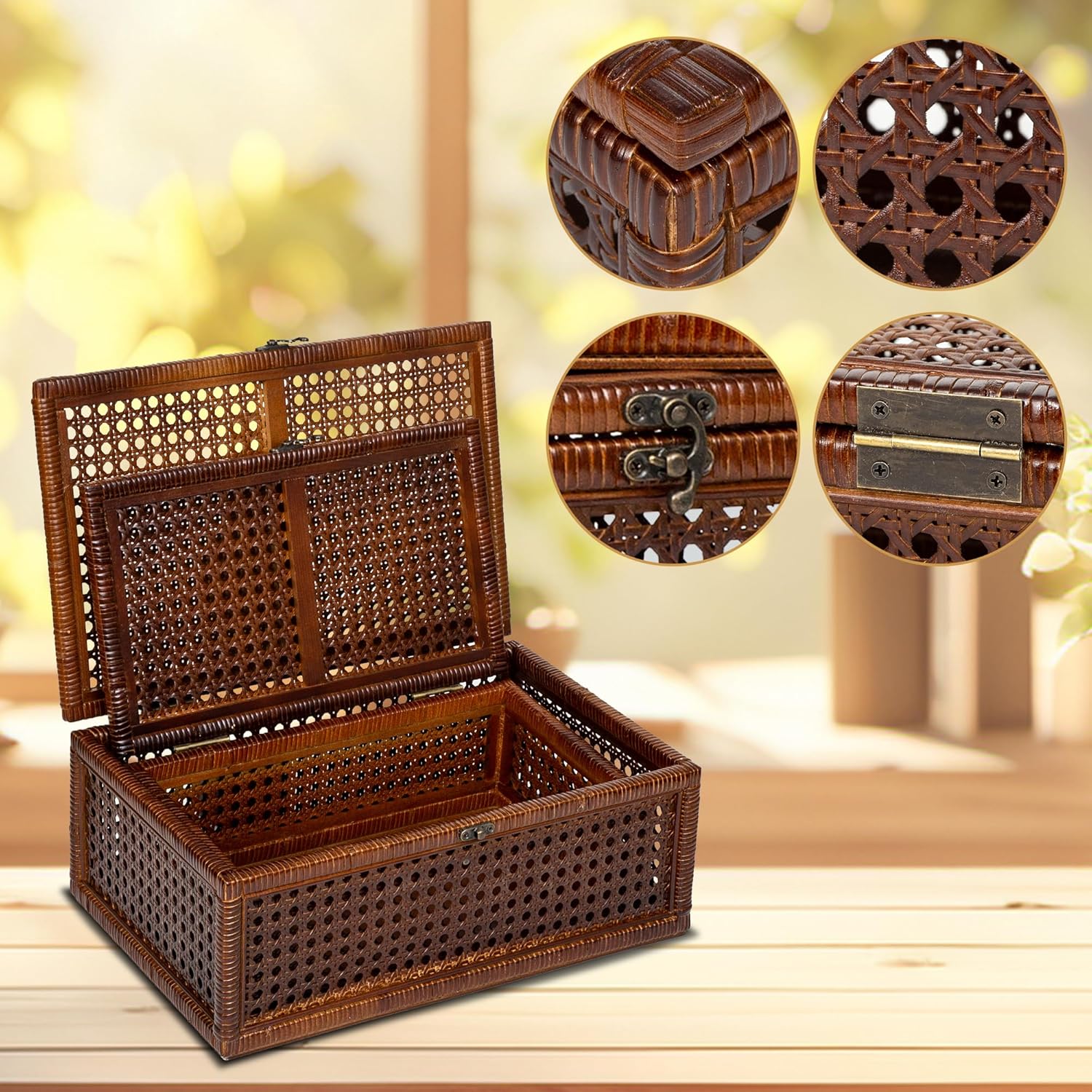 Handwoven Rattan Storage Boxes Set of 2, Decorative Wooden Wicker Chest with Lids and Latches, Vintage Boho Storage Trunks for Living Room, Bedroom, Home Decor