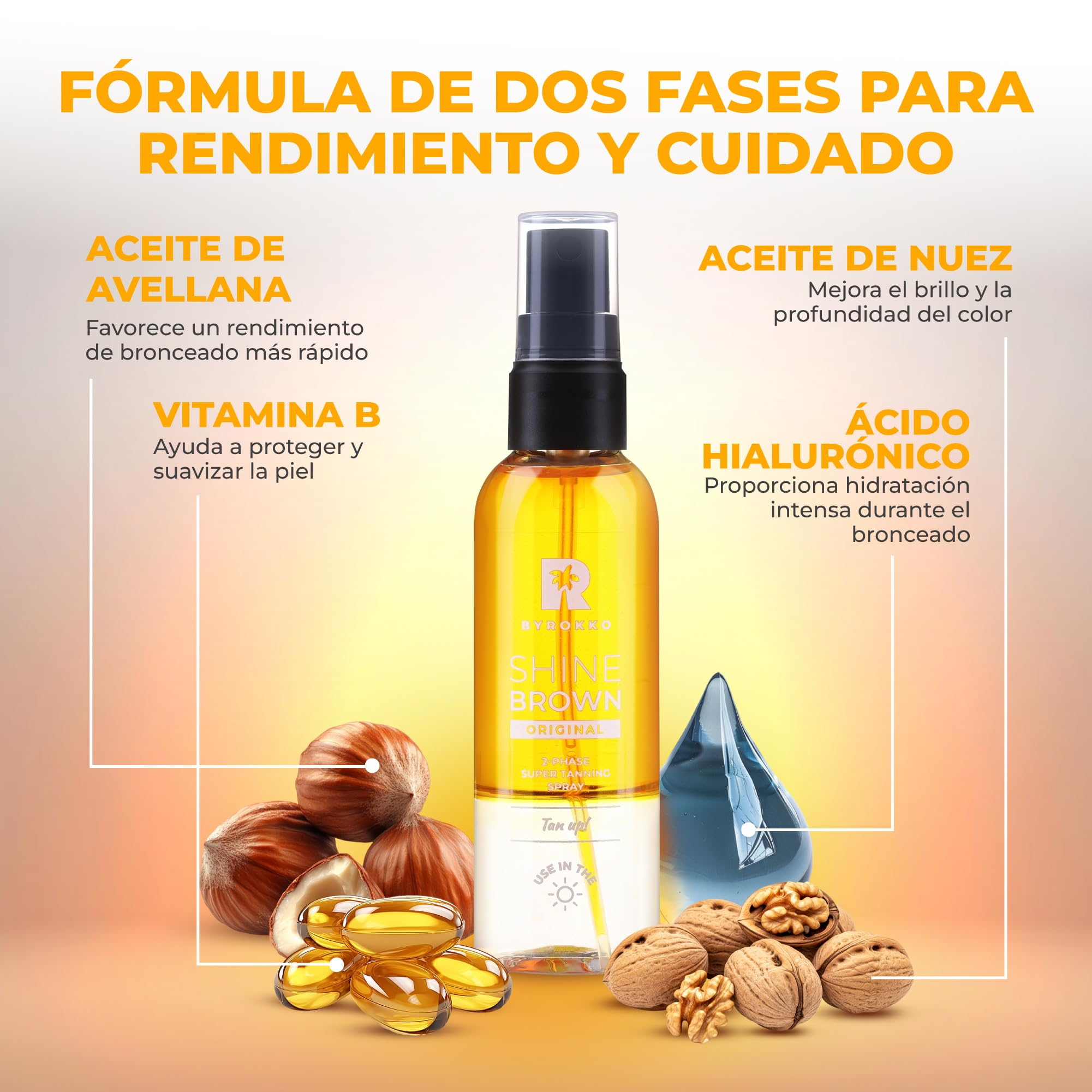 BYROKKO Shine Brown Spray Superbronceador Bifásico (100 ml), Eficaz en Solárium y al Sol, con Aceites Naturales y Ácido Hialurónico para un Bronceado más Intenso, con aroma a Mango soleado