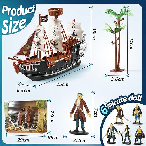 Miniatura 5 de Figuras de acción pirata, juego de barco pirata, juguetes de simulación de barco pirata con 6 figuras de acción y árbol, juguete de juego para