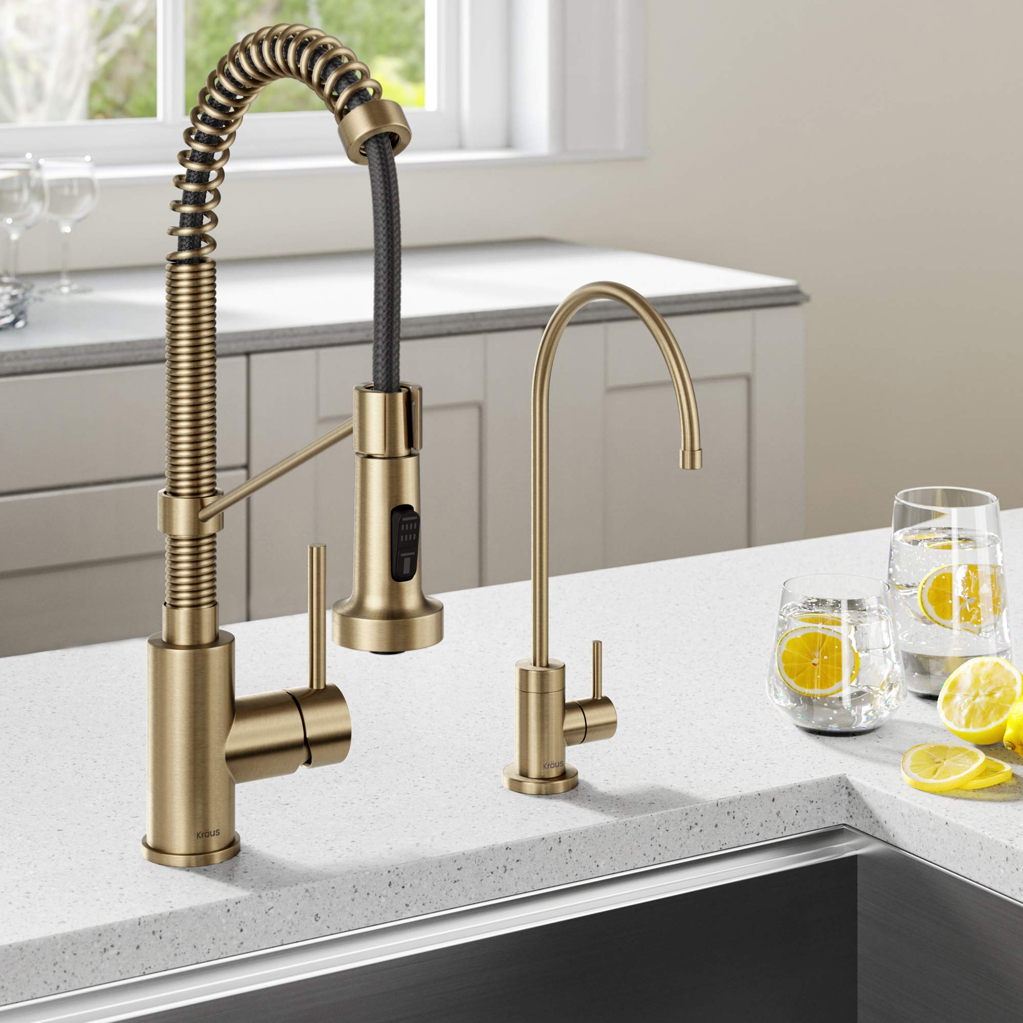 Kraus KPF-1610-FF-100BG Bolden Commercial Style Pull-Down Kitchen Purita Water Filter Faucet Combo, Brushed Gold