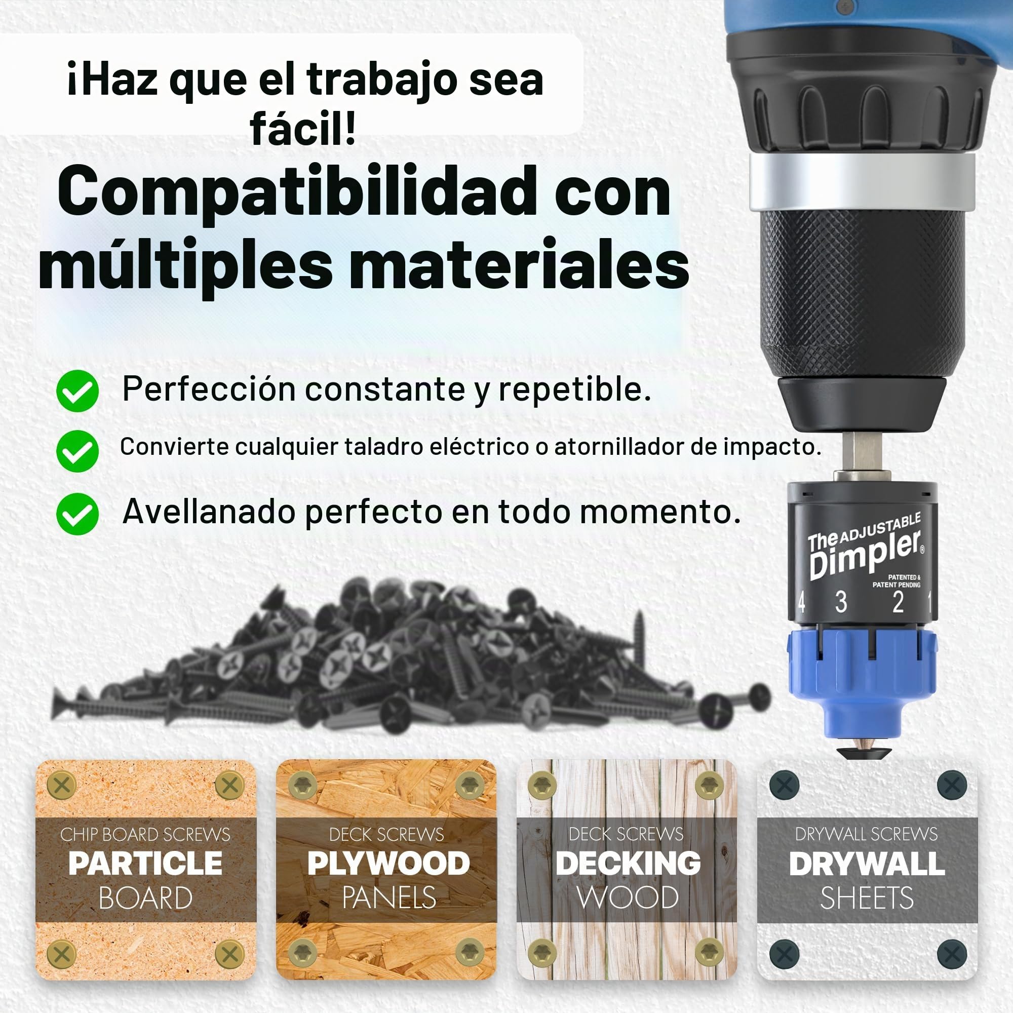 Broca ajustable DIMPLER ® para paneles de yeso: perfecta para convertir taladros eléctricos y de impacto en una pistola de tornillo para paneles de yeso y cubierta sujeta el tornillo con un potente