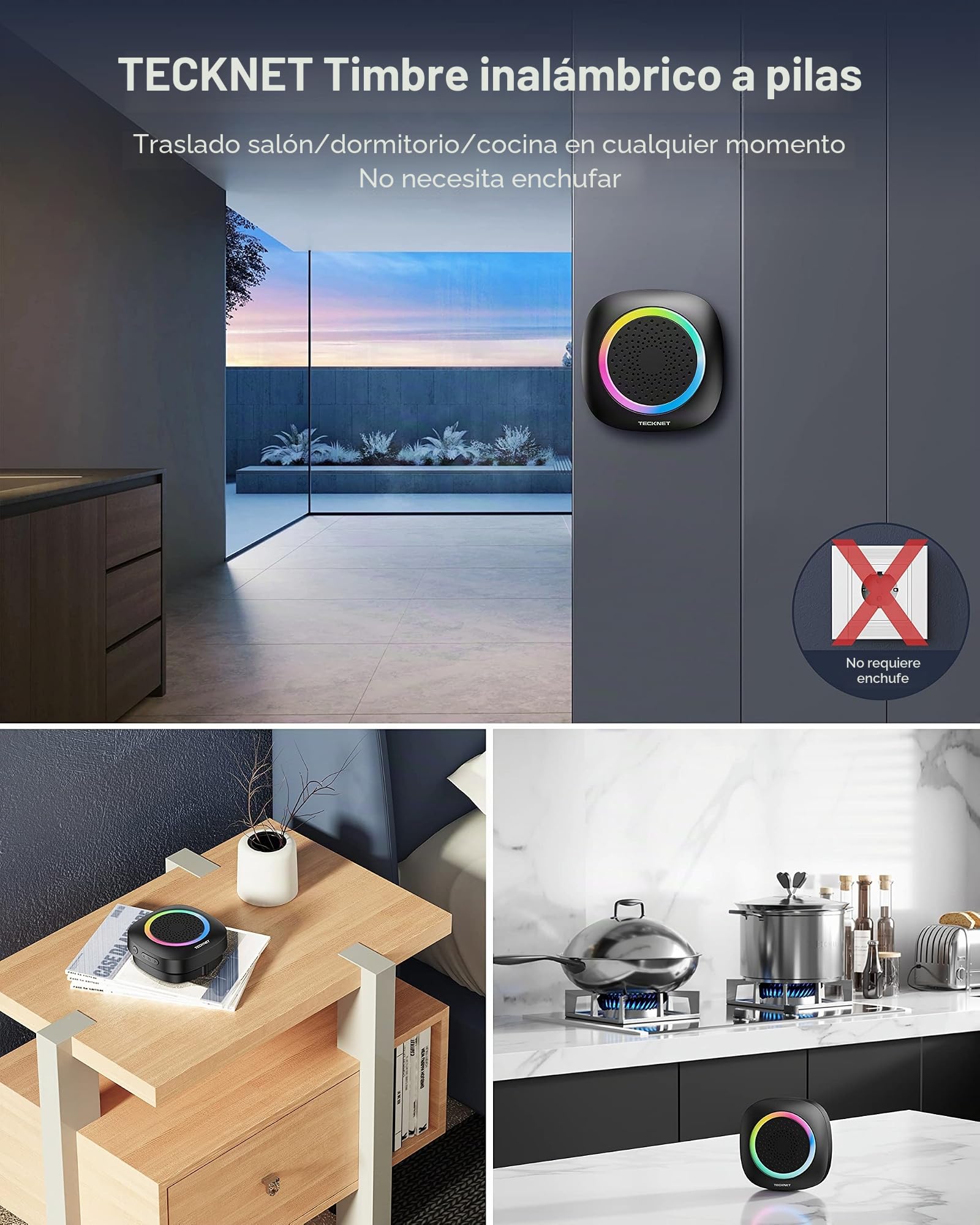 TECKNET Timbre Inalámbrico con Pilas, RGB Timbre Inalámbrico Exterior Impermeable IP66 con 3 Receptores, 400M Alcance, 5 Niveles de Volumen y 60 Melodías para Casa, Hotel, Oficina, Emergencia