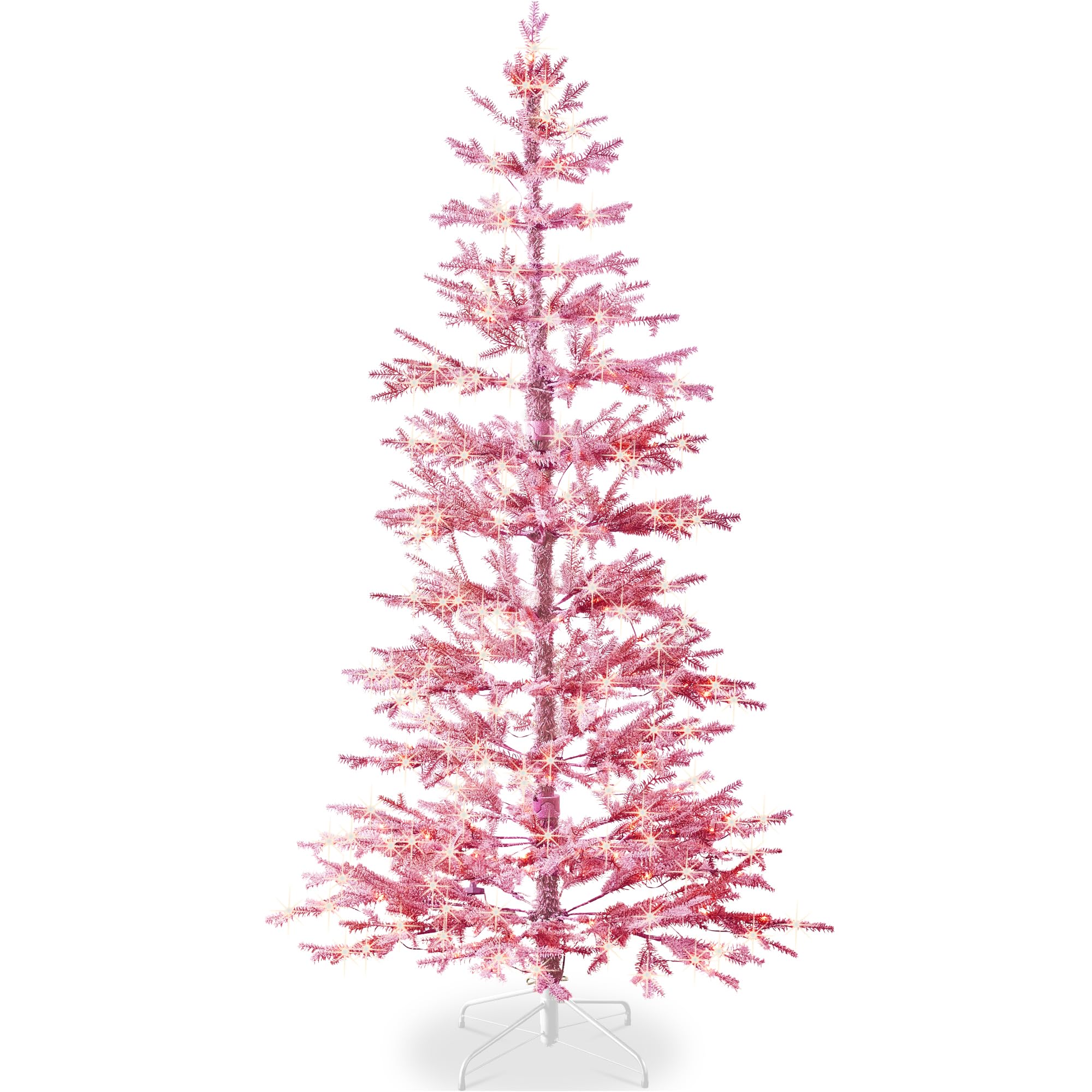 Best Choice Products Pre-Lit Sparse Christmas Tree 7.5ft Artificial Flocked Pine Holiday Décor Aspen Noble Fir White & Multicolor LED Lights- Pink