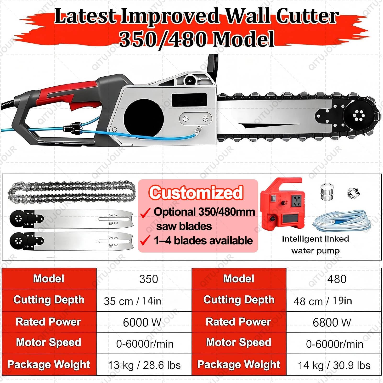 Sierra Eléctrica Para Hormigón, Motosierra Para Hormigón De 5800/6500 W, Profundidad De Corte De 35/48 Cm, 6000 Rpm, Apta Para Granito Y Hormigón Armado(350MM CHIAN 3)