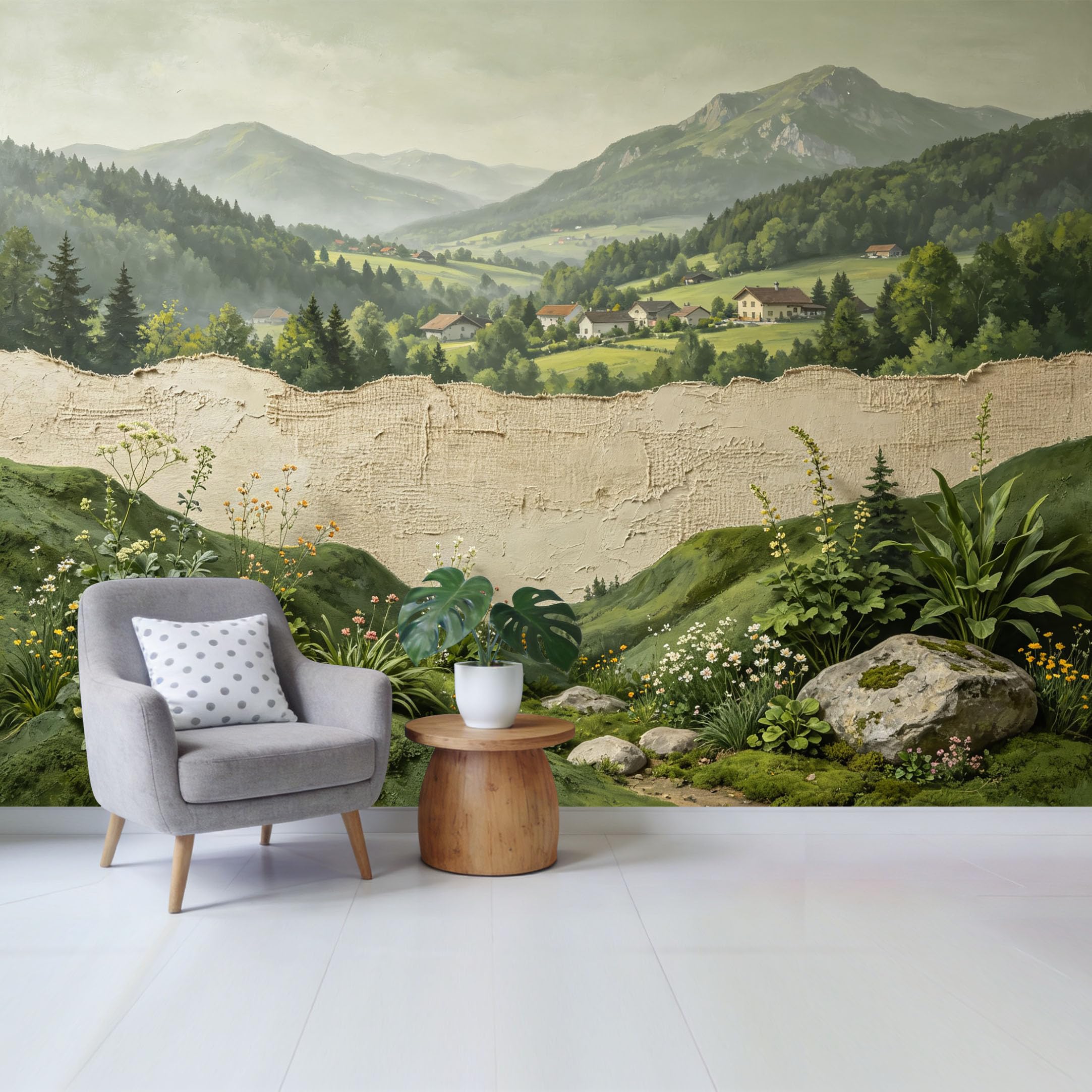 Qzlithotic Yq2605251126 Custom Size Wall Mural Alpine Mountain Landscape Farmhouse Meadow Oil Painting Style Selfadhesive Wall Fabric Removable Wallpaper For Home Office Decor