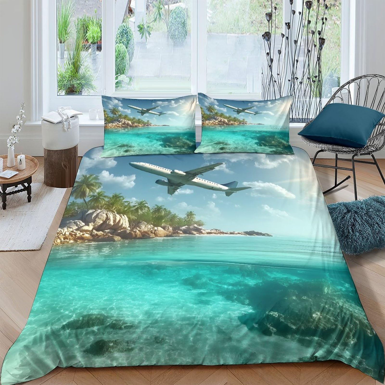 Ctjqhvkz Style-2 3D Printed Tropical Seaside Airplane Fitted Sheet Microfiber Soft Breathable Ocean Island Bed Cover For Bedroom Guest Room Mattress Decor Single（135X200cm）