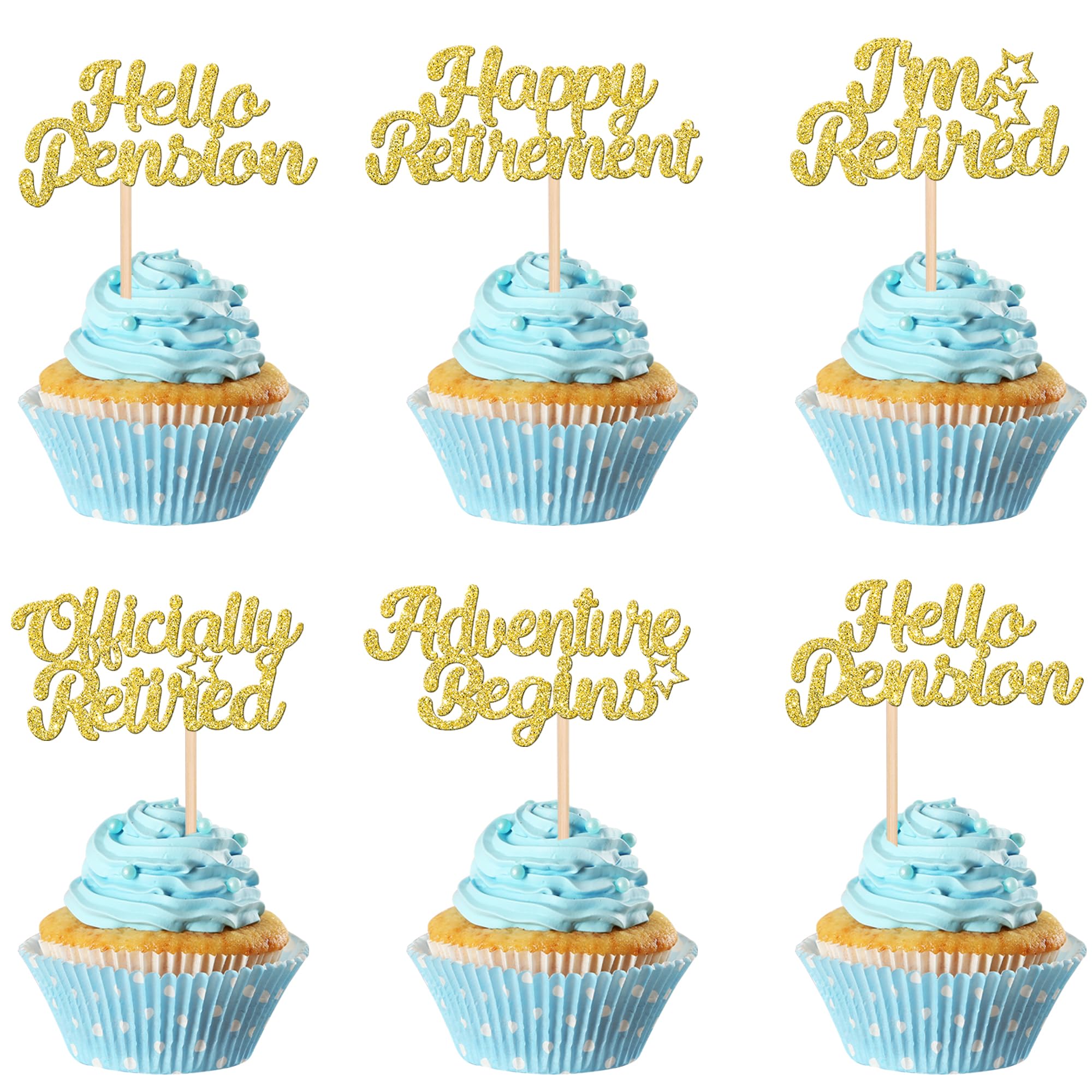 Gyufise 24 decorazioni per cupcake con scritta Happy Retirement, ufficialmente in pensione, senza zona di lavoro, Adventure Begins, per pensionamento, feste di compleanno, decorazioni per torte