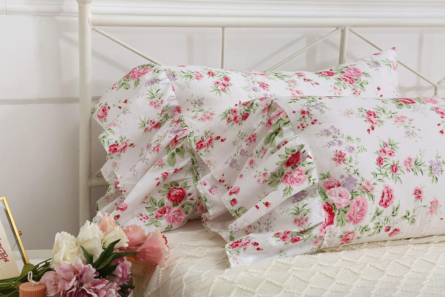Rose Floral Print Pillow Shams with Long Drapes Ruffles Queen Size 20 x 30 1pair and Square Shams (18"X18") 1 Pair 100% Cotton
