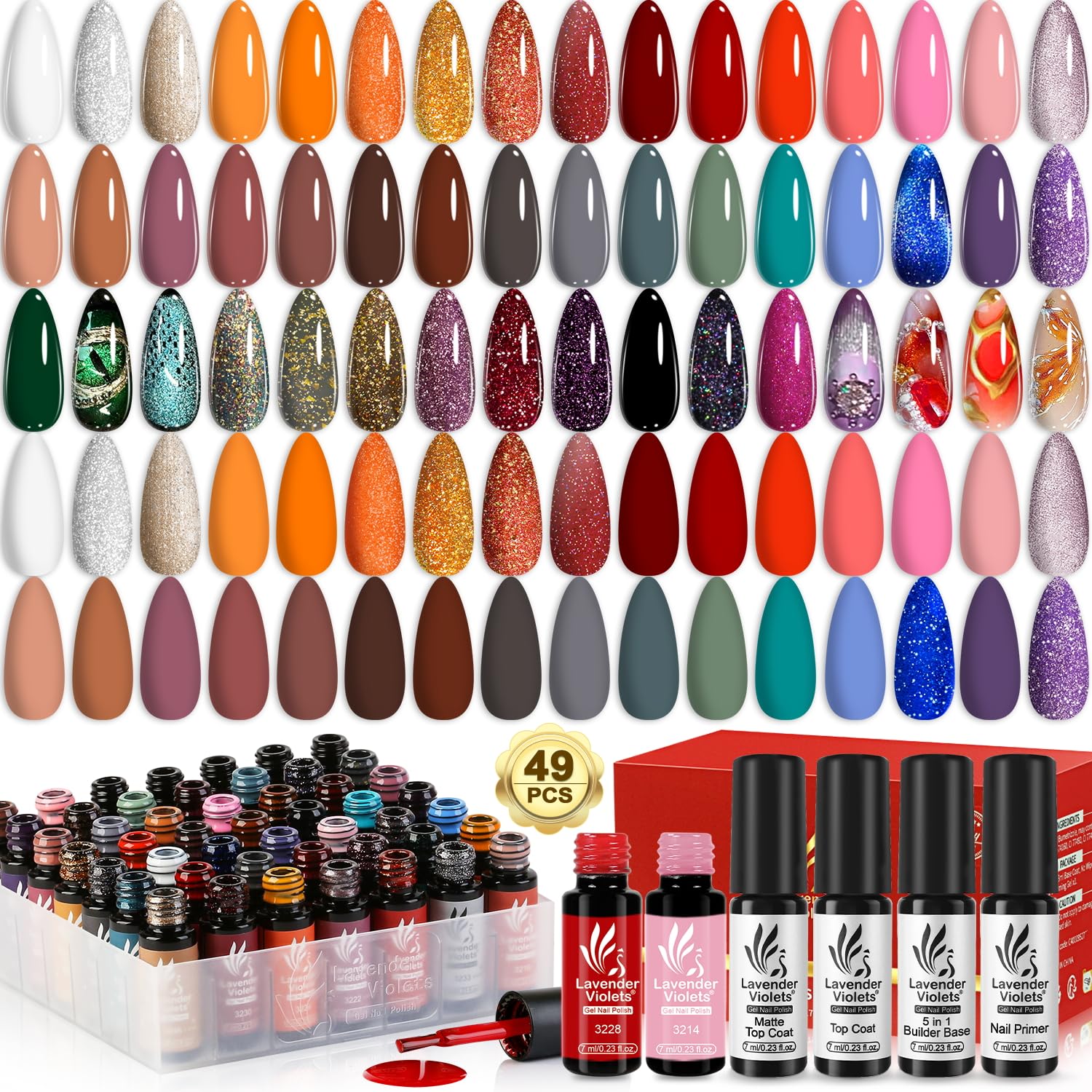 Lavender Violets 49 Pcs Gel Nail Polish Set, 45 Colors Gel Polish U V Nail Kit with Glitter Glossy Matte Base and Top Coat Set for Home Salon Manicure