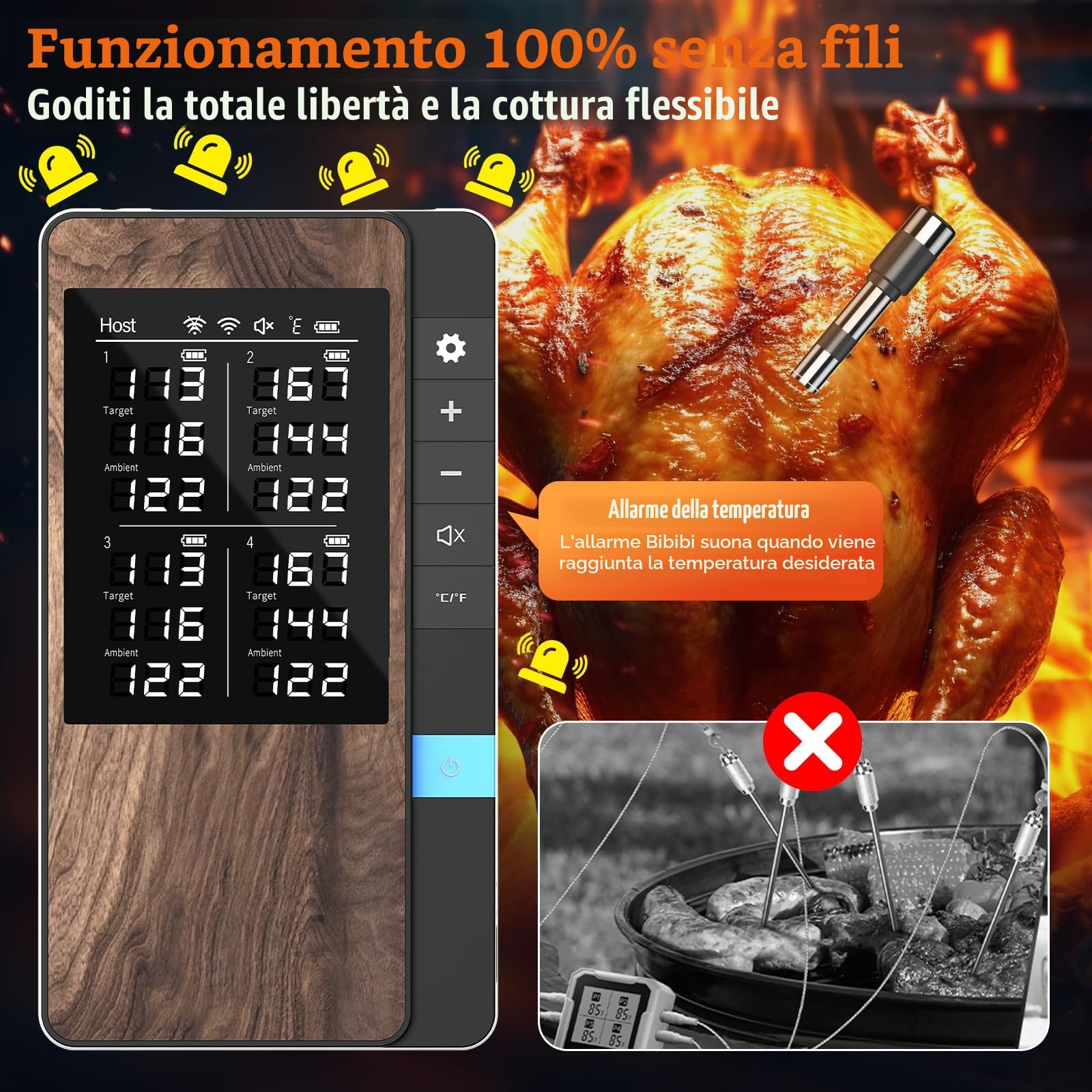 Termometro Carne Confezione da 4, Termometro BBQ con APP, IP67 Impermeabile Termometro Carne Wireless per Barbecue, Forno, Griglia, Cucina, Girarrosto