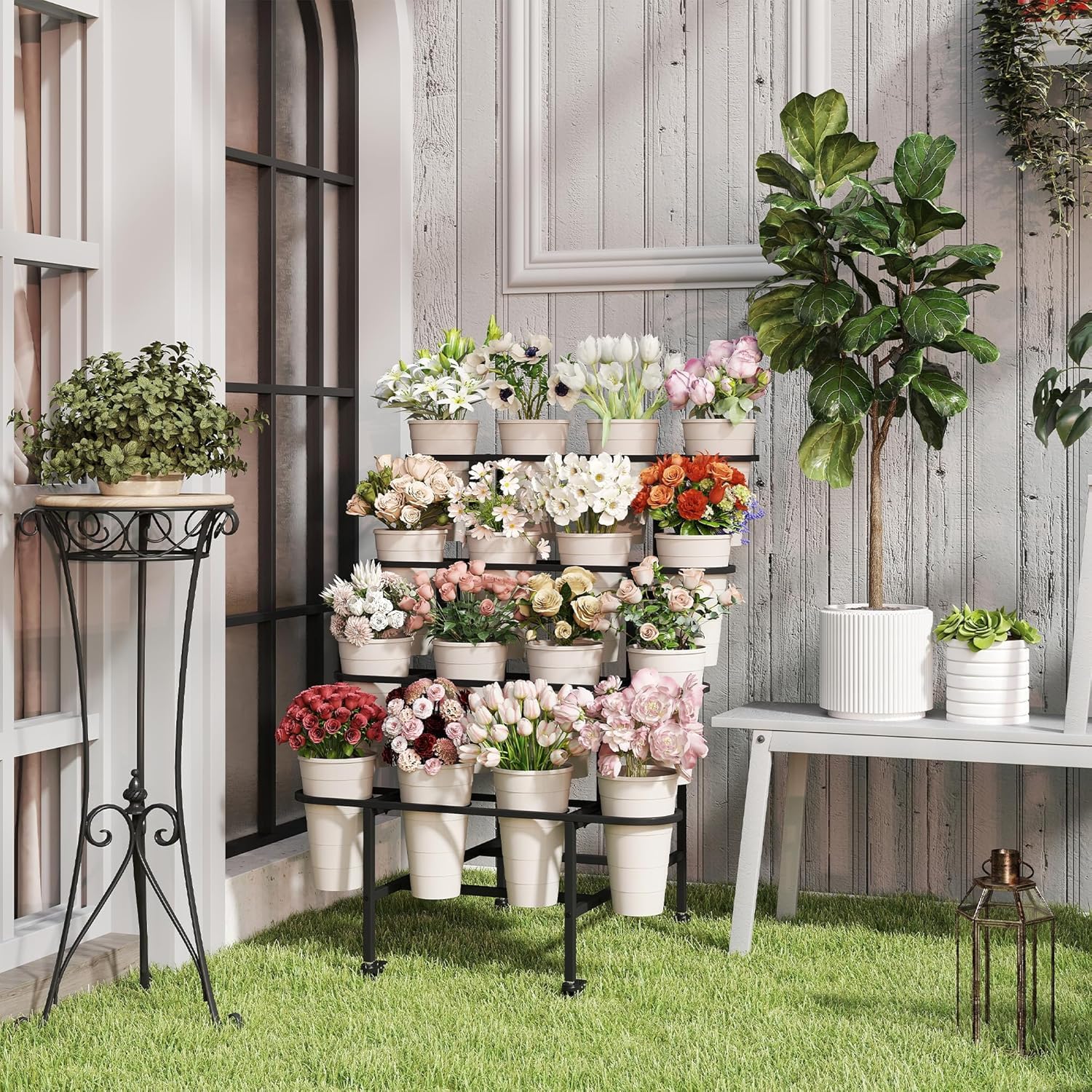 uyoyous Support de Plantes à 4 Étages, Support pour Plantes en Métal Étagère à Fleurs d'Intérieur et d'Extérieur avec Roulettes pour Balcon, Jardin, Salon, Ne comprend pas les 16 pots de fleurs, Noir