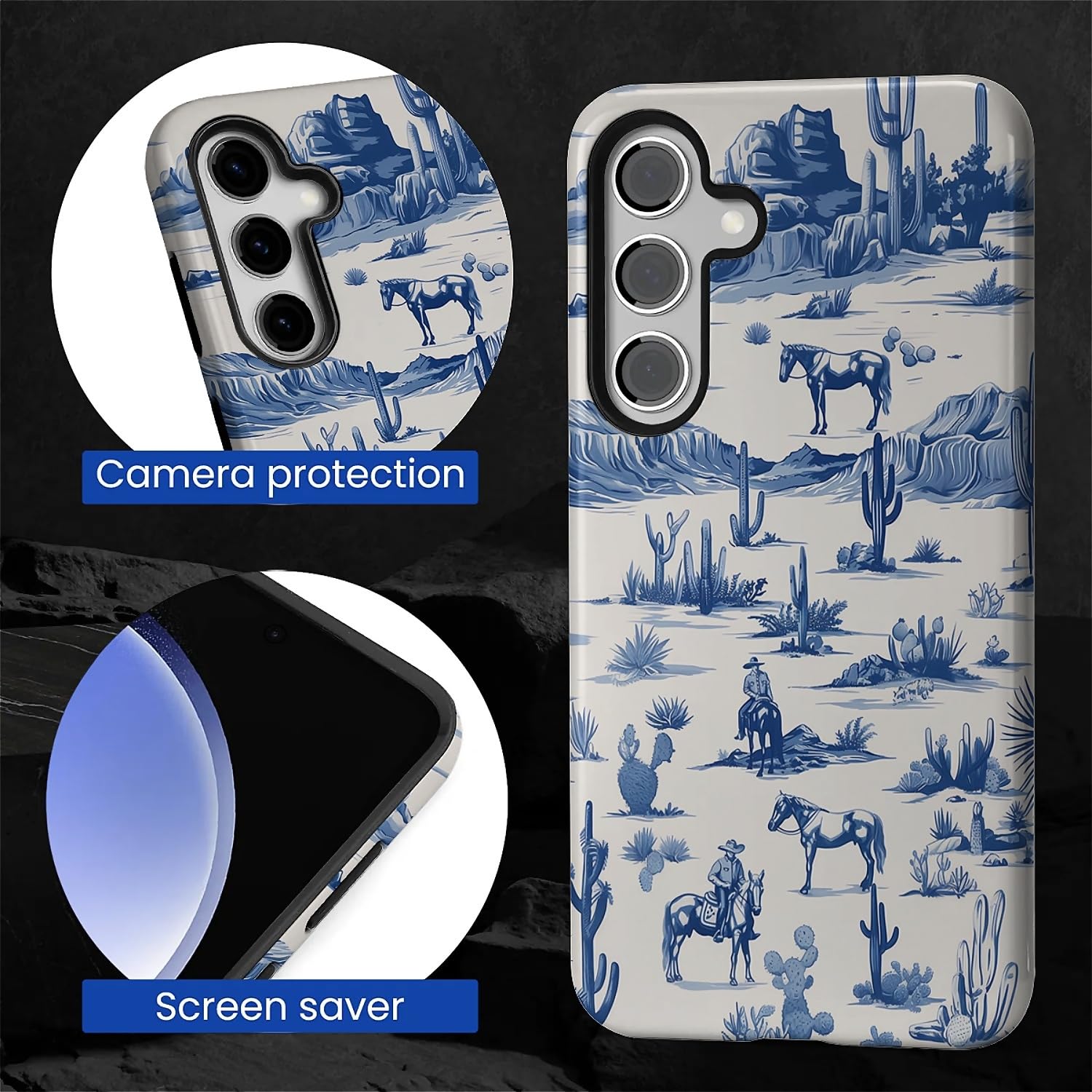 do Samsung Galaxy S25 etui, hybrydowe 2-warstwowe silikonowe ochronne błyszczące etui dla dziewcząt kobiet do Samsung Galaxy S25 zachodni kowboj koń krowa pustynia kaktusy wzór