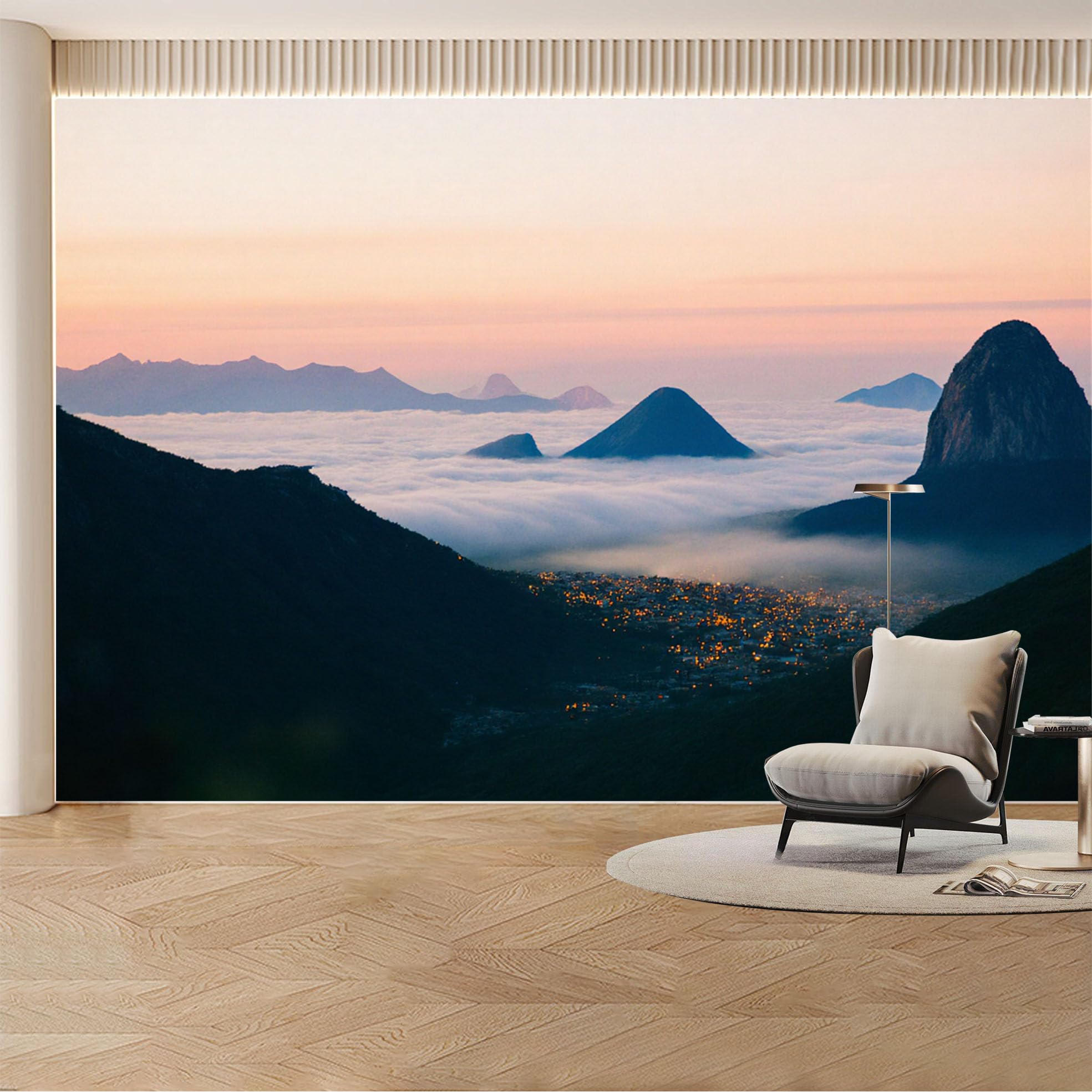 Custom Wall Mural Wallpaper Mountain Cityscape 3D Effect Large Wall Art Landscape Nature Sunset Misty Removable SelfAdhesive Large Photo for Living Room， Bedroom， Office