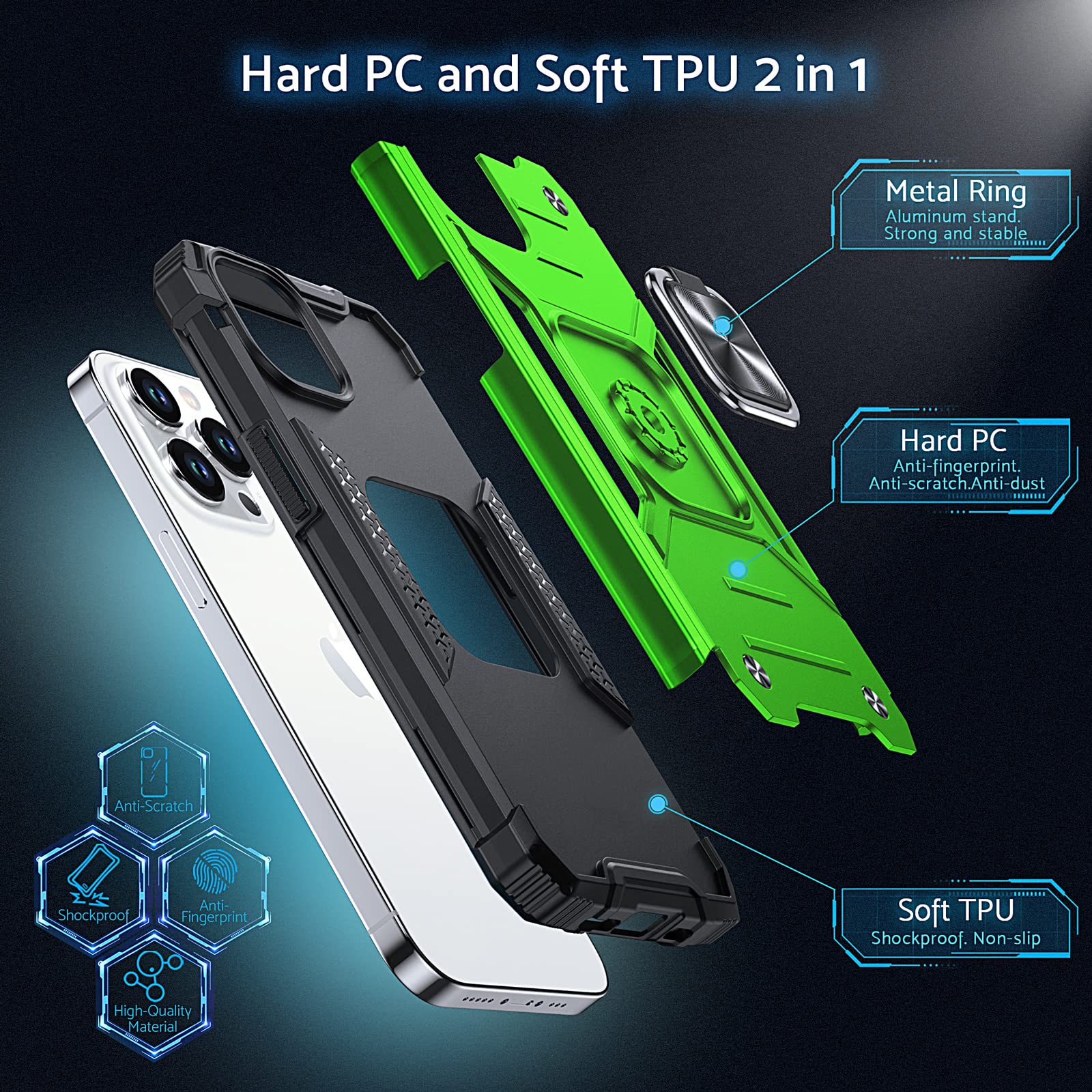 WATACHE Cover per iPhone 11 Pro Max, custodia protettiva in cristallo di fibra di carbonio trasparente con anello girevole a 360 gradi e supporto per cavalletto per Apple iPhone 11 Pro Max