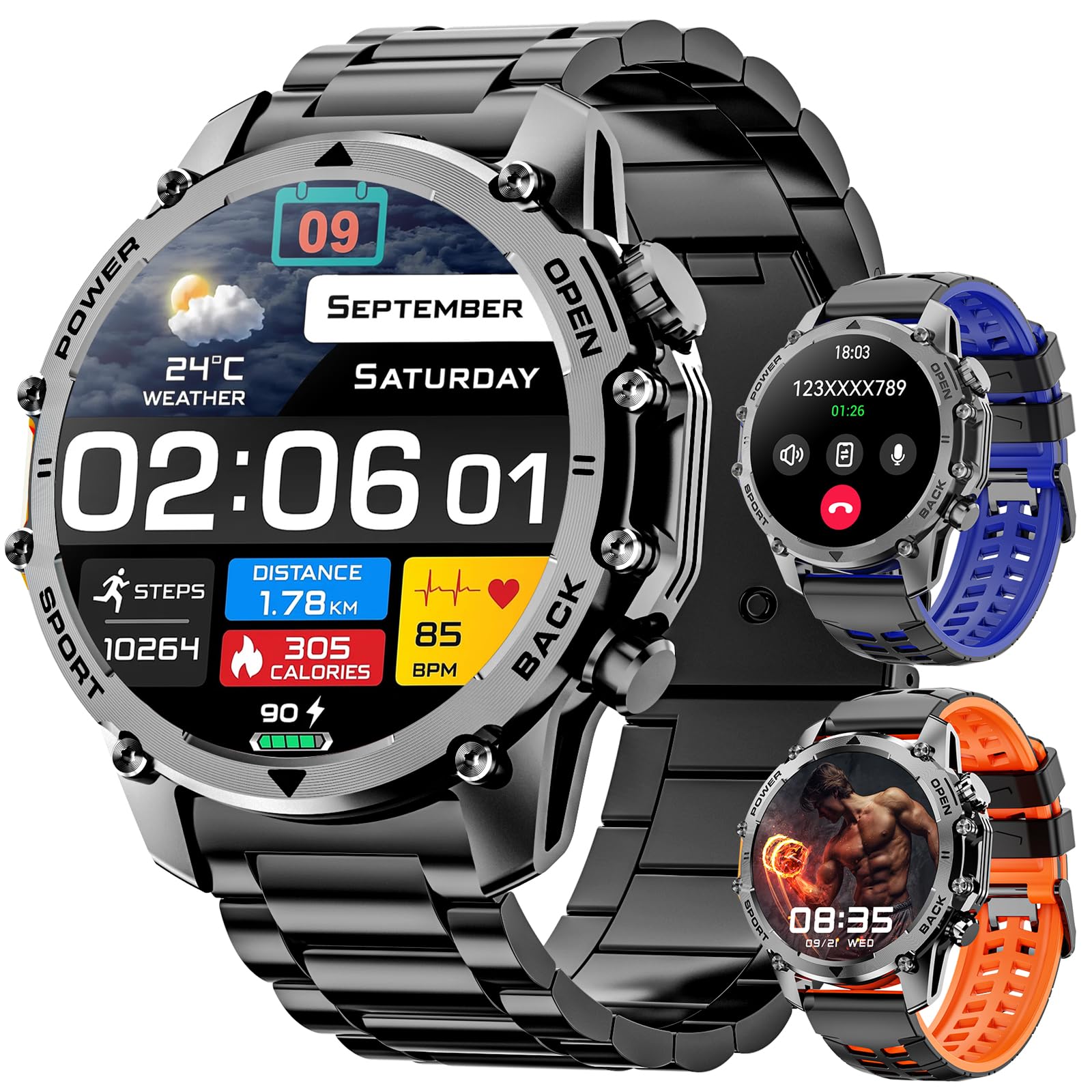 Hwagol Smart Watches for Men(Two Style Kits) Military Watch for Men with Heart Rate/Sleep Monitor/Calls/Notifications/100+ Sport Modes,1.52''HD DIY Screen Waterproof Step Tracker Sports Watch