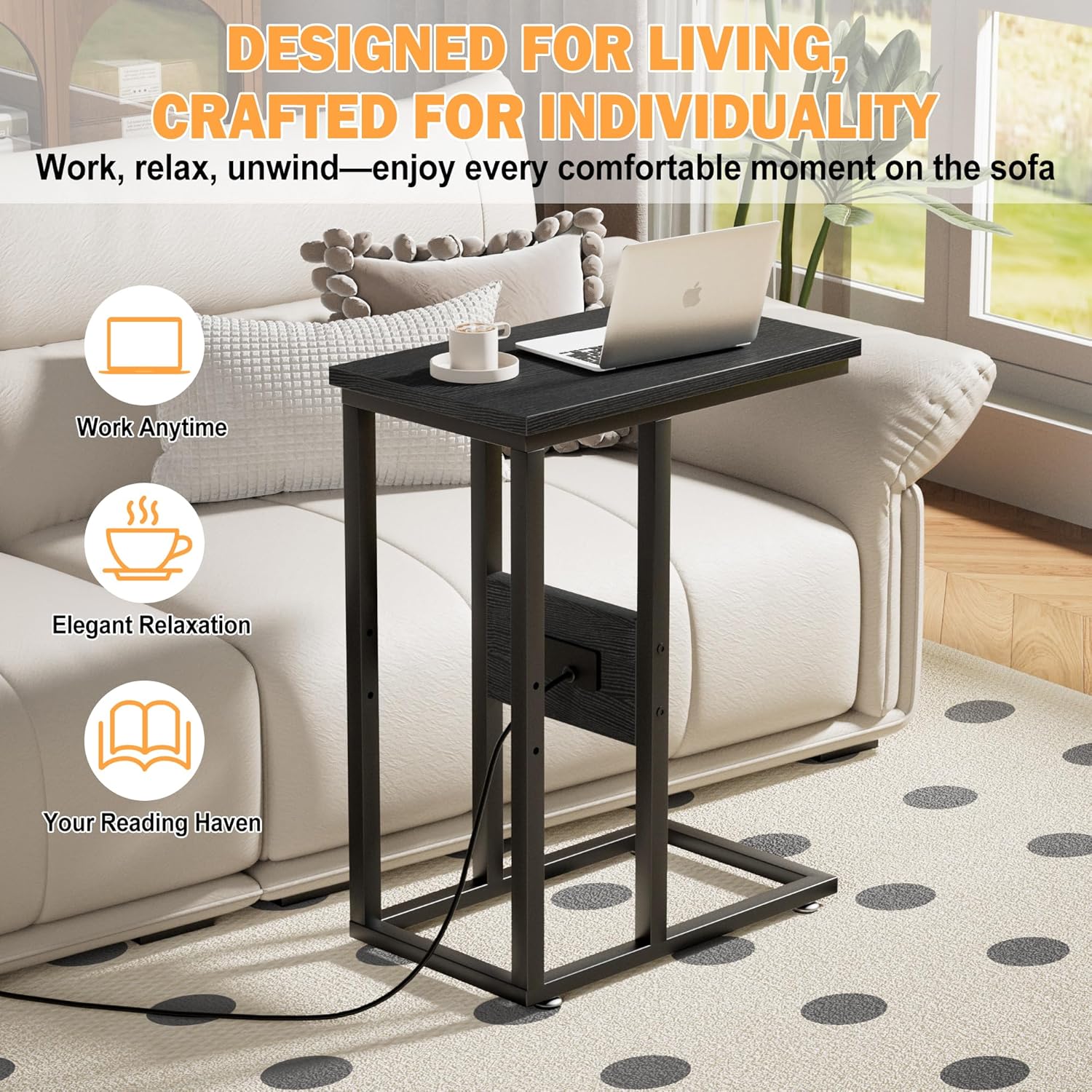 VECELO C Shaped End Table with Charging Station & Power Outlets, Quick Access Side Table for Sofa, C Bedside for Living Room Bedroom 1 Set,Black
