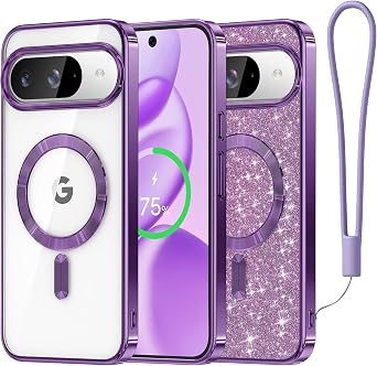 Meifigno Designed for Google Pixel 10/10 Pro Case 6.3", [Glitter Card & Wrist Strap][Compatible with MagSafe] Transparent Back and Electroplated Edges for Pixel 10 Pro Case/Pixel 10 Case, Purple