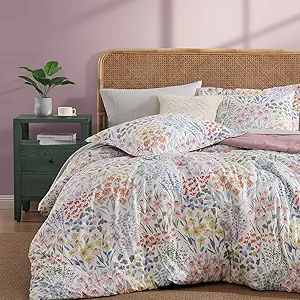 CASAAGUSTO Full Comforter Set, 7 PCS Pinkish Floral Comforter Set with Flowers Leaves Pattern, Soft Seersucker Design All Season Full Size Bedding Set(80"X90")