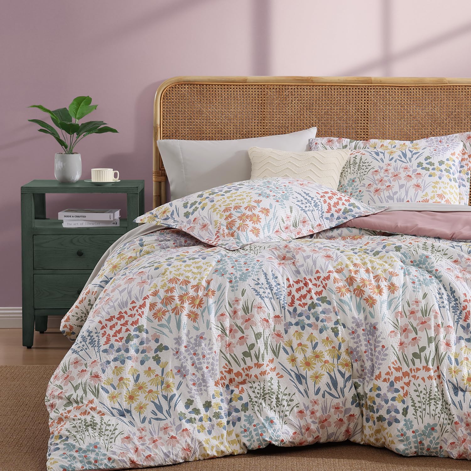 Photo 1 of **SEE NOTES****CASAAGUSTO Full Comforter Set, 7 Pieces Bed in a Bag Full Pinkish Floral Comforter Set with Flowers Leaves Pattern, Soft Seersucker Design All Season Full Size Bedding Set