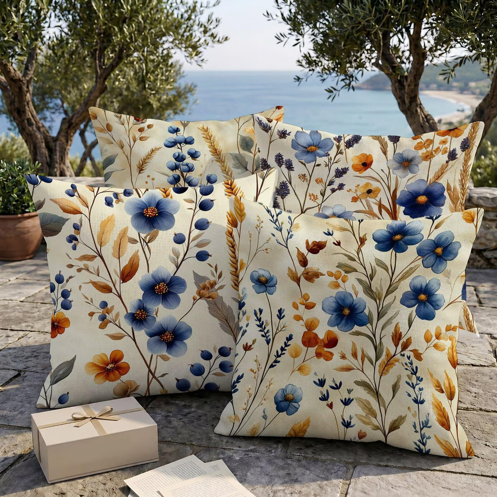 Fundas de Cojines Impermeables para Exterior Rural Funda Cojin 55x55 cm Juego de 4 Cuadradas Lino Funda de Almohada Decorativas para Sofá Terraza Silla Jardín Cojines Decorativos (Flor) L-O499