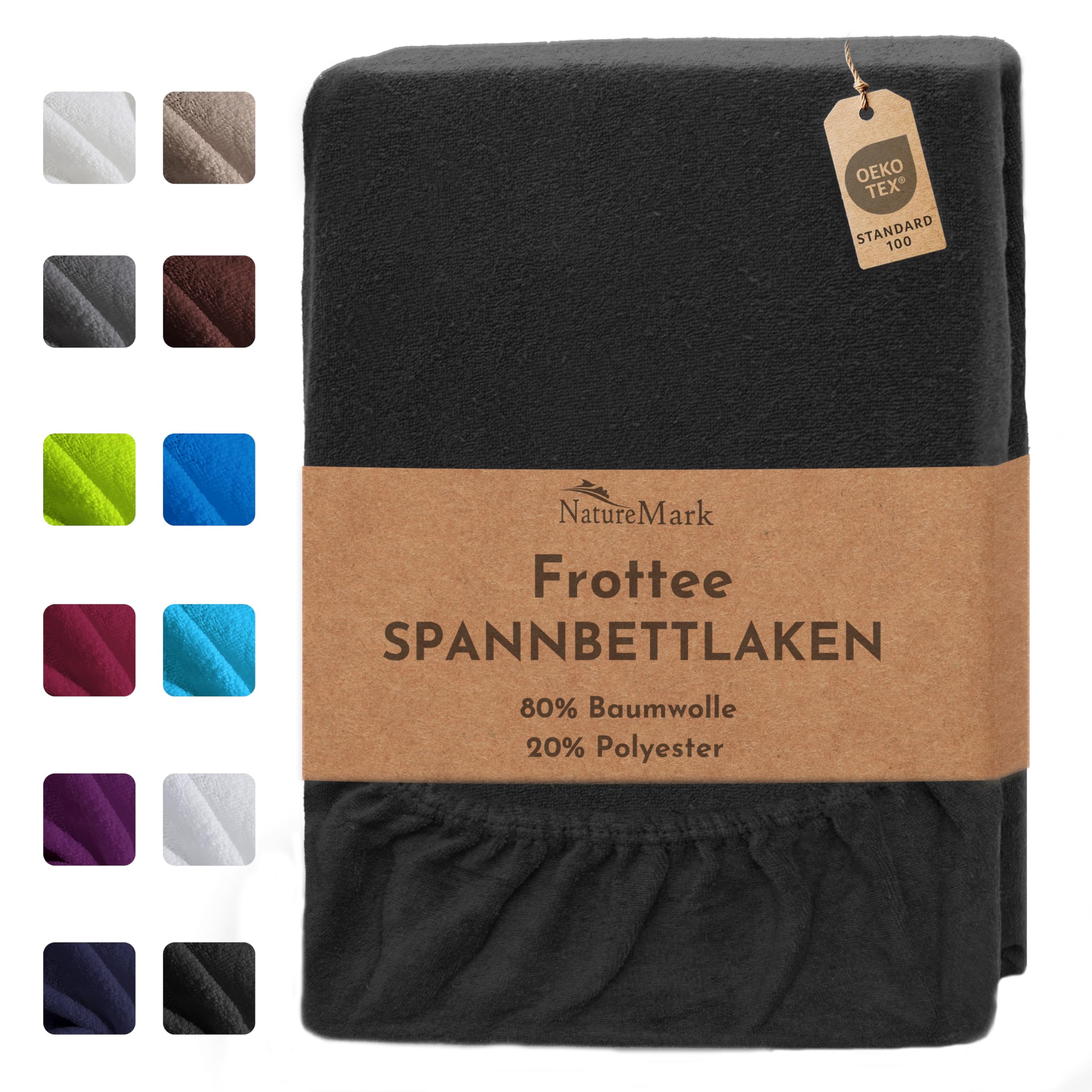 NatureMark Frottee Spannbettlaken – Weich und atmungsaktiv, hautfreundlich, praktisch & pflegeleicht, langlebig und strapazierfähig, 80% Baumwolle & 20% Polyester, 120x200 cm, Schwarz