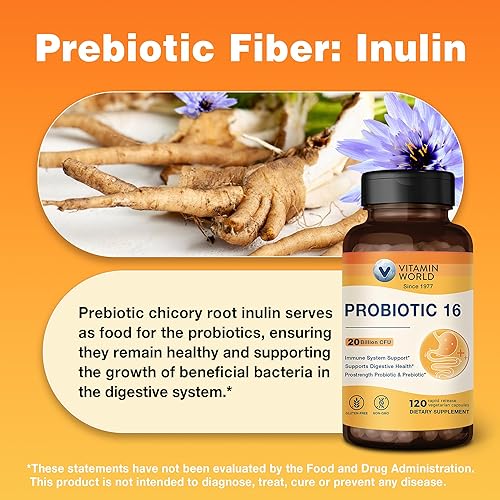 Miniatura 5 de Vitamin World Probiótico 16, 20 mil millones de UFC, 16 cepas con fibra prebiótica para la salud digestiva e inmunológica, probióticos para mujeres