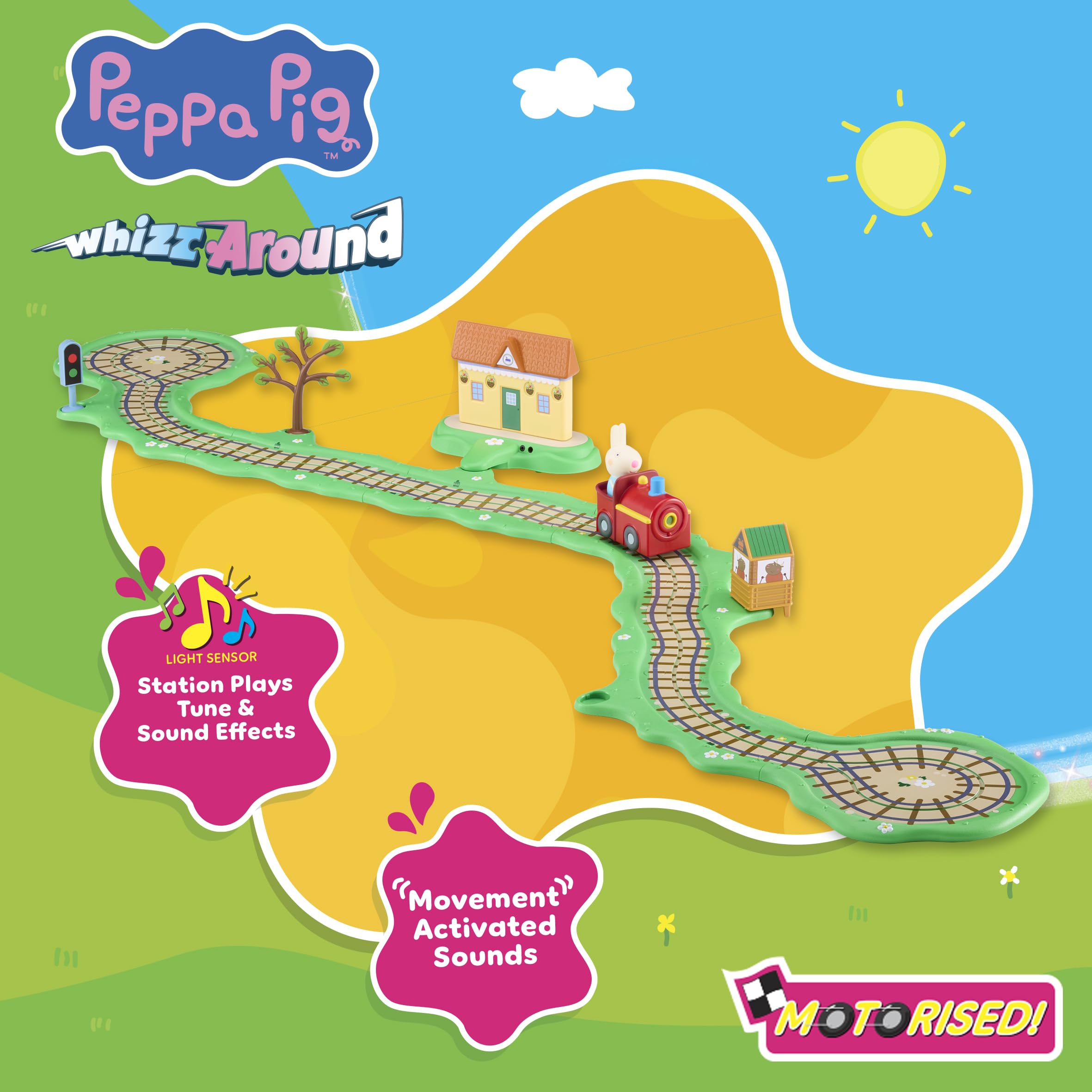 Bandai - Peppa Pig Train Clickety Clack - Circuito sonoro con stazione interattiva - Giocattolo educativo e divertente per bambini - Suoni e frasi - Giocattolo per bambini da 2 anni - Whizz Around