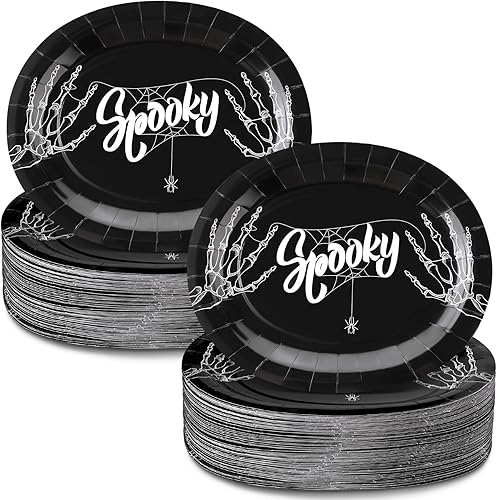 Suttmi - 100 platos de papel de araña espeluznante de esqueleto de Halloween de 10 x 12 pulgadas, platos de papel ovalados desechables de Halloween,