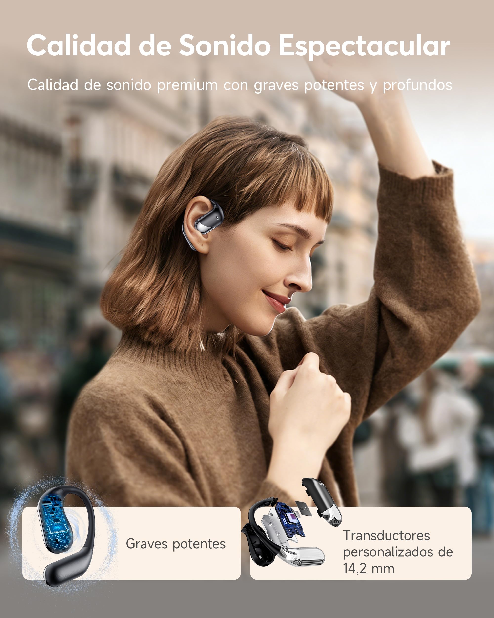 Paekole Auriculares Inalámbricos Deportivos Abiertos, Bluetooth 6.1 Open Ear con Gancho Flexible, 80H Batería, Pantalla LED, ENC Cancelación Ruido, IPX7 Impermeable, Oreja Abierta Running y Oficina