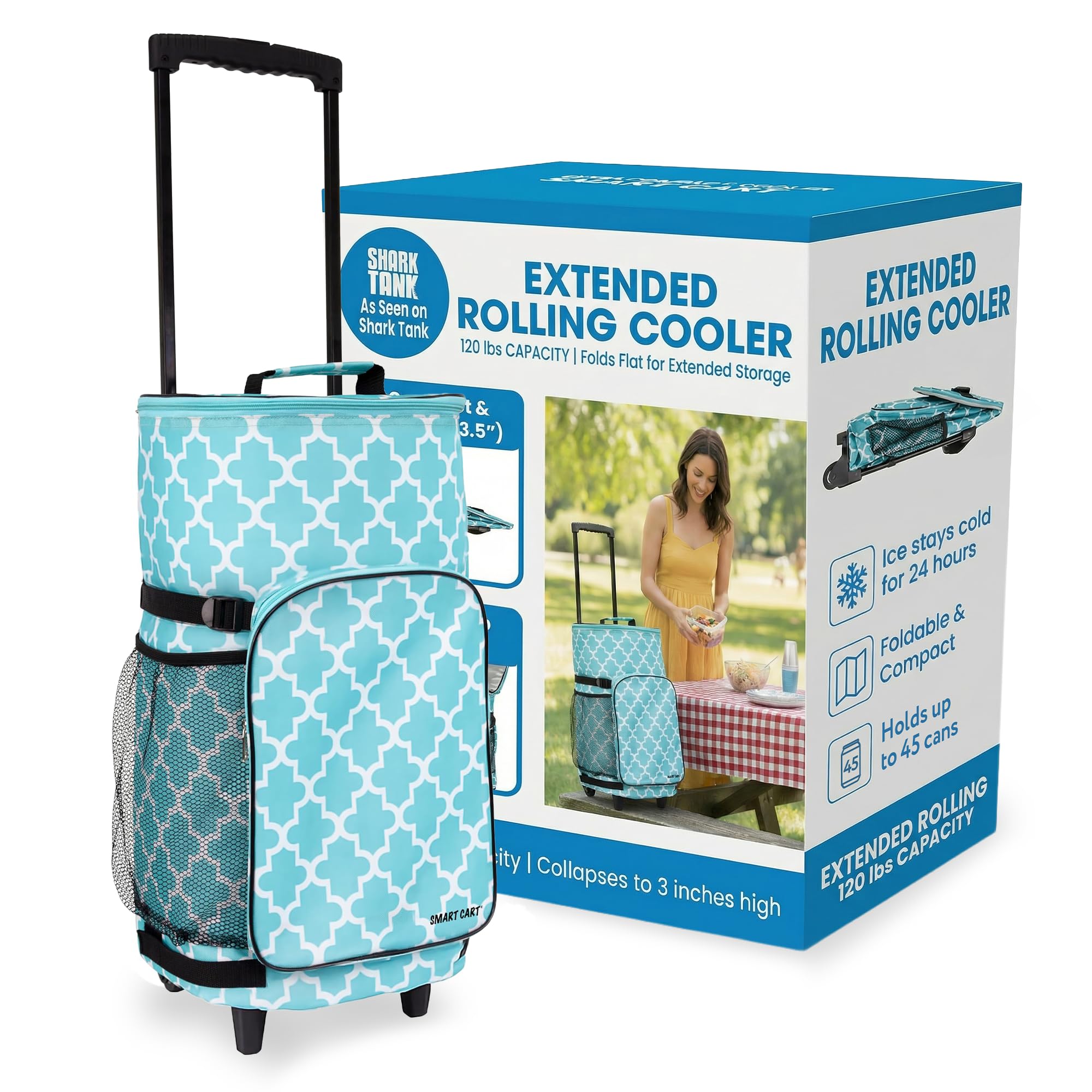 dbest Products Ultra Compact Smart Cart Cooler Extended Insulated Collapsible Rolling Tailgate BBQ Beach Summer Moroccan Tile