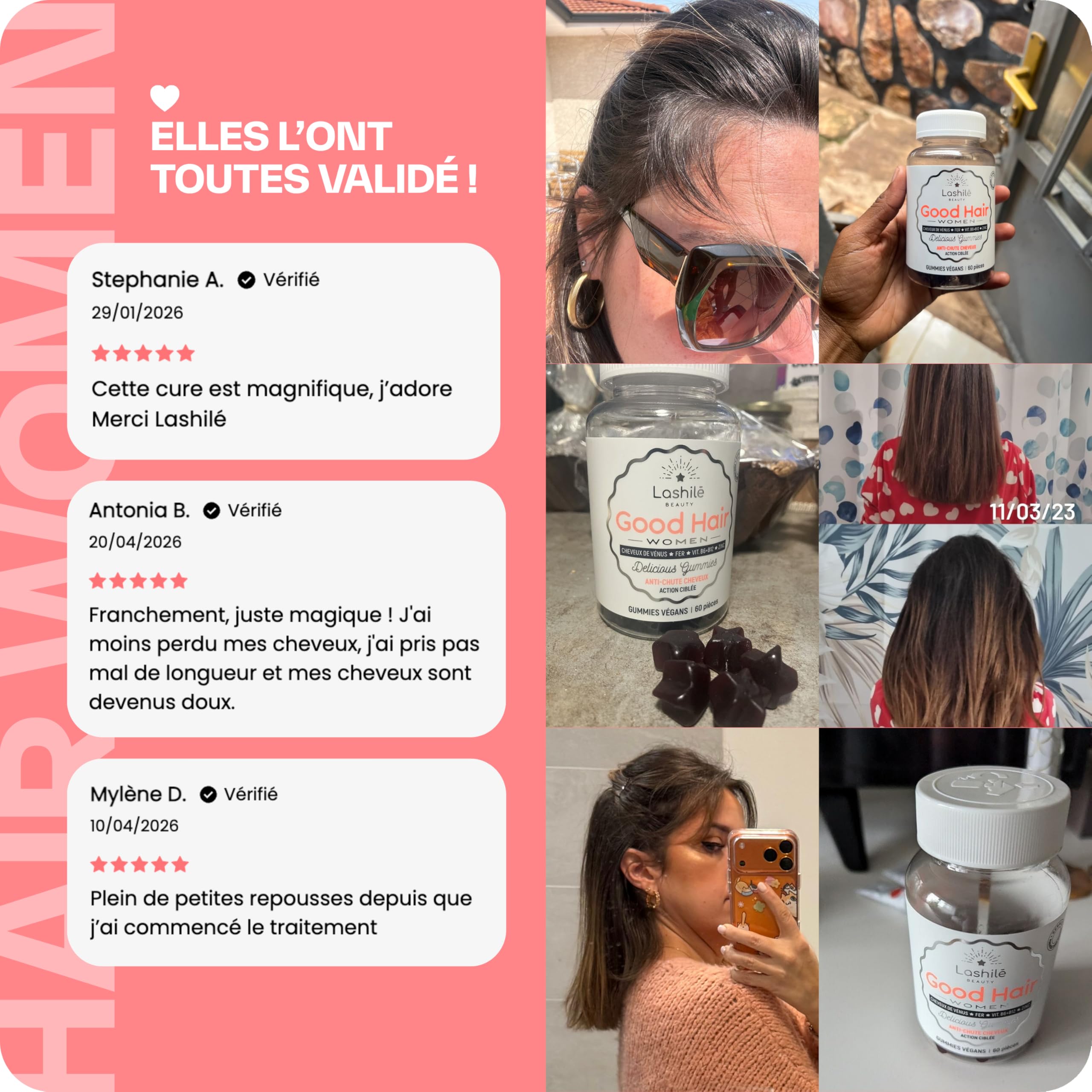 Lashilé Beauty - Gummies Anti-Chute Cheveux - Croissance & Fortification capillaire - Complément Alimentaire Anti-Chute Cheveux - Good hair women - Biotine Zinc Vitamine B6 - Cure 1 Mois 60 Gummies